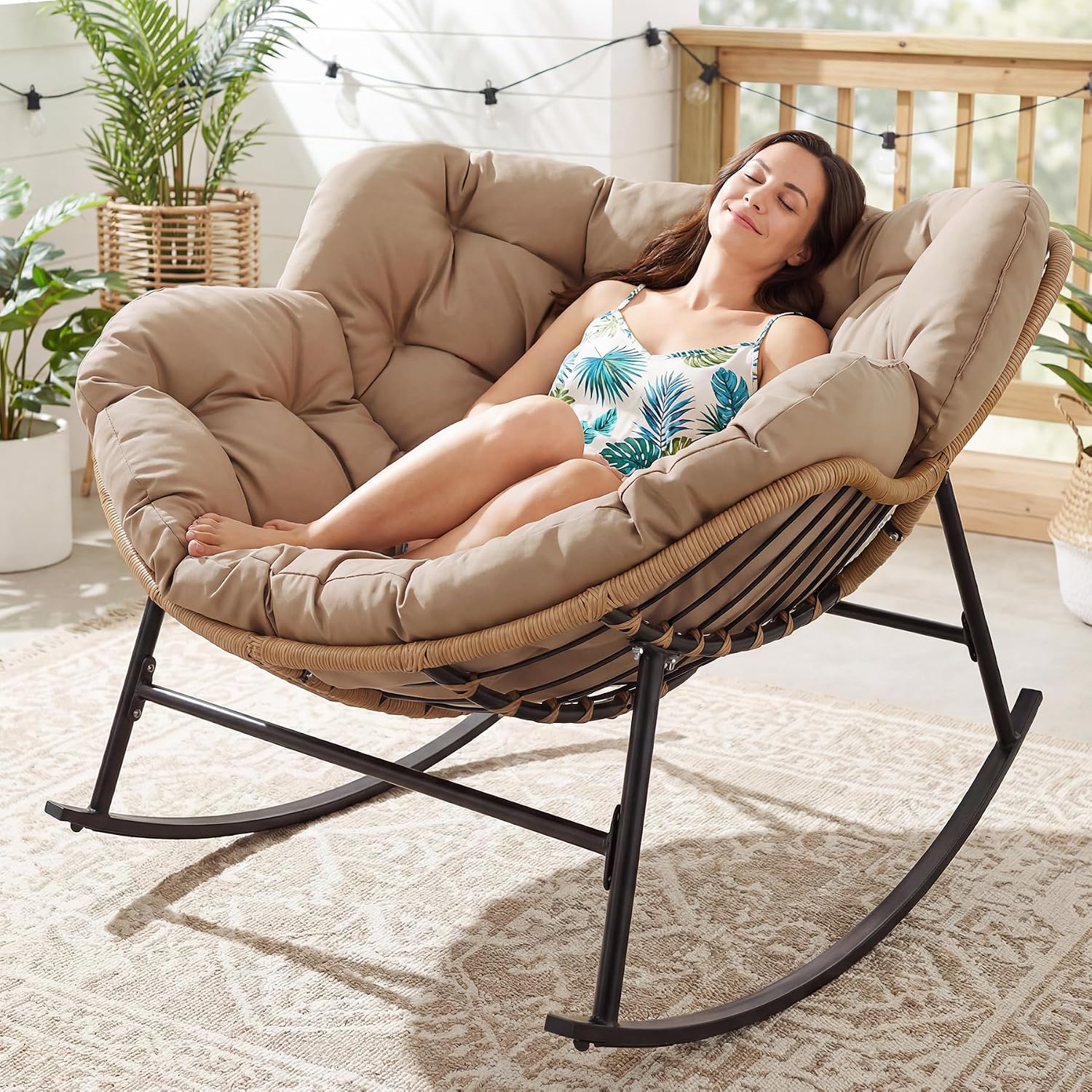 RADIATA Rocking Papasan Chair Outdoor with Cushion, Oversized Extra Large Padded Patio Lounge Chairs, Deep Wide Royal Rocking Chair with 450 lbs Capacity for Backyard, Outside, Garden, Lawn, Brown