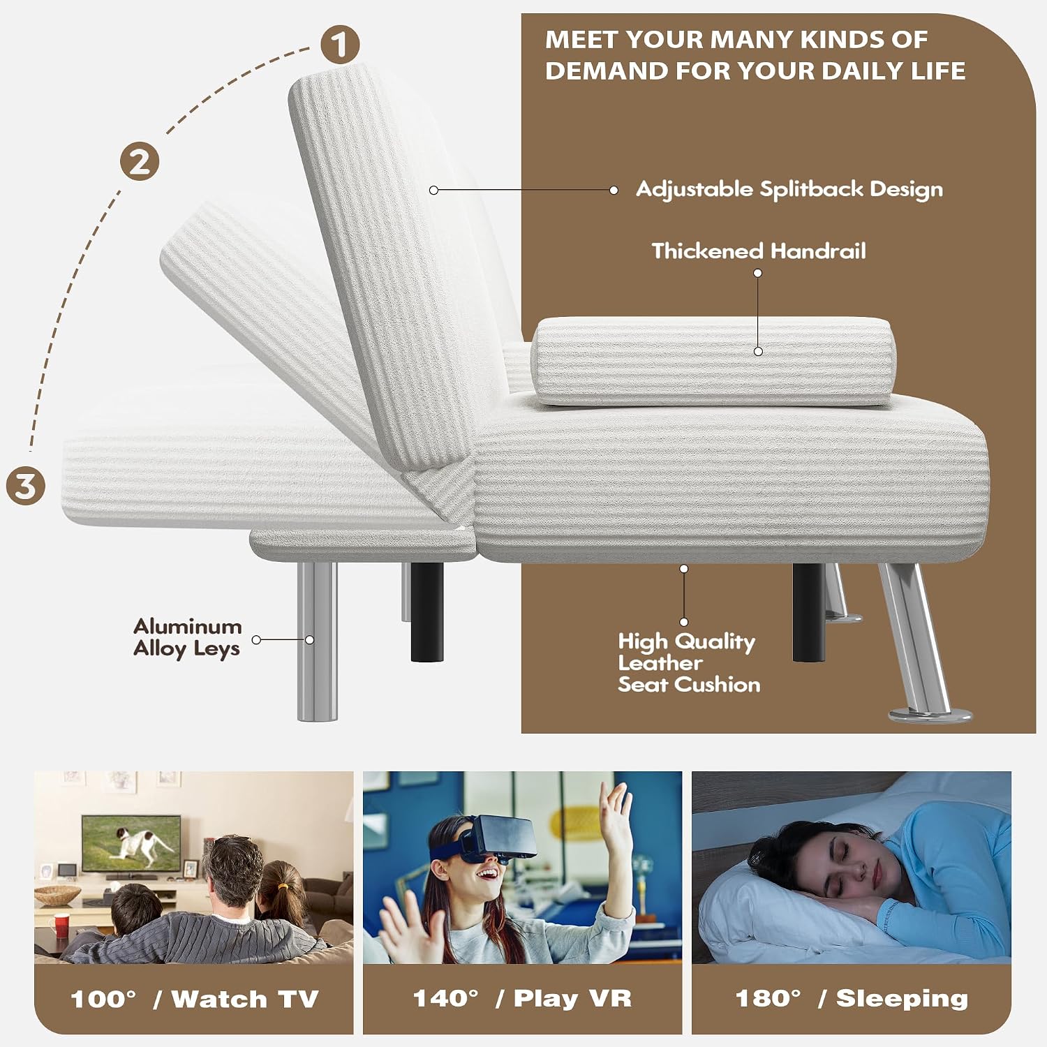 Homall Futon Sofa Bed, Futon Couch with Removable Armrests, Adjustable Recliner Sleeper Sofa Bed with Dual Cup Holders for Living Room, Apartment, Office (Corduroy, White)