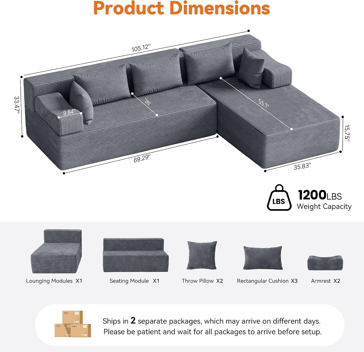 MONVANE 106' Cloud Sectional Couch with L-Shaped Chaise, Modular Sectional Sofa with Deep Seat and Removable Armrests, Comfy Corduroy Boneless Couches for Living Room, No Assembly Required, Grey