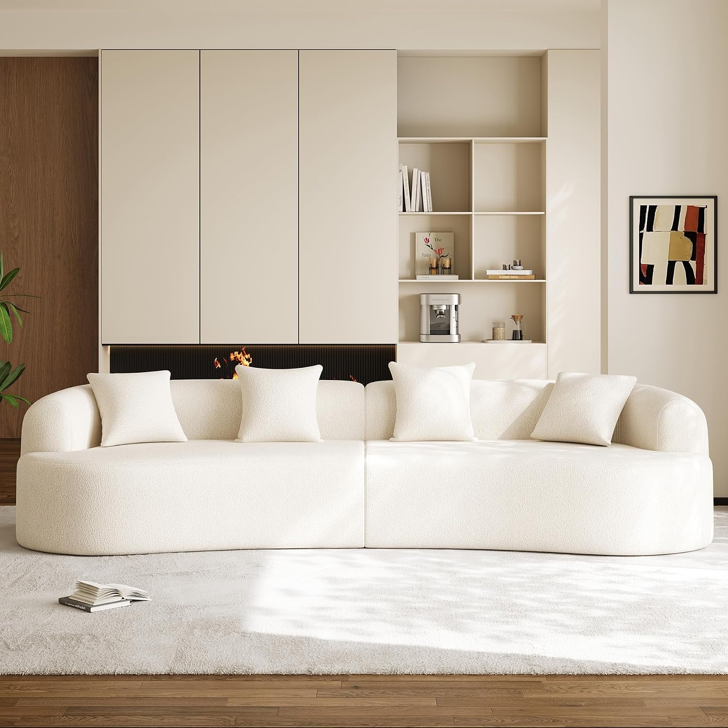 131' Oversized Sectional Sofa for Living Room, Modern Luxury Plush Chenille 4-Seater Extra Deep & Wide Seat Curved Cloud Couch with 4 Throw Pillows, No Assembly Needed, Cream White