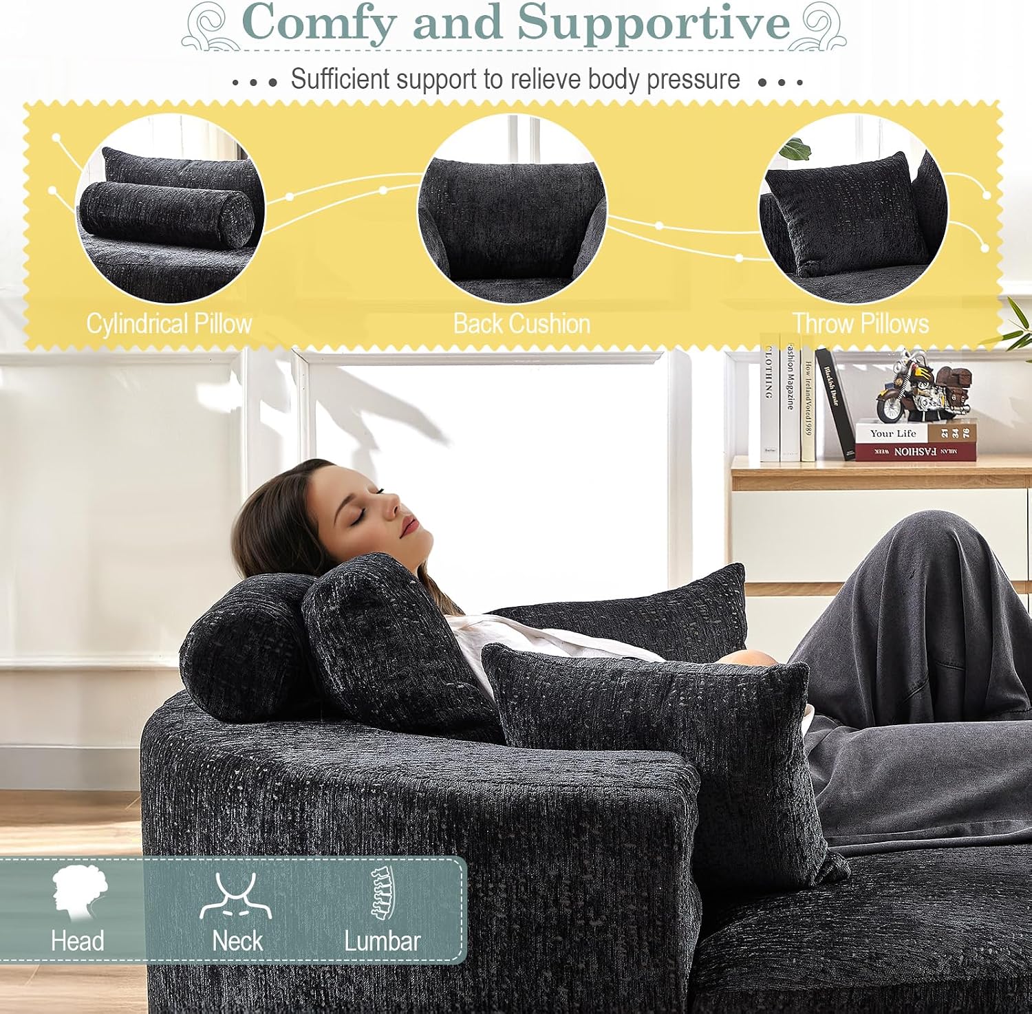 Oversized Round Chaise Longue Chair Indoor, Modern 55-inch Upholstered Chenille Deep Seat Circle Single Cloud Lounge Floor Sofa Chair for Living Room, Bedroom Apartment, Black
