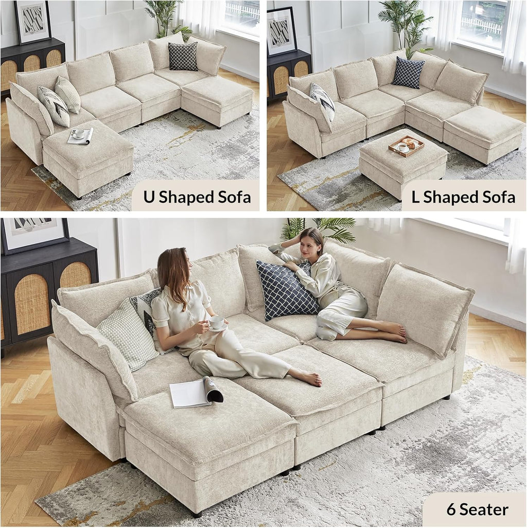 HULALA HOME 127'' Modular Sectional Sofa, Oversized U Shaped Couch with Storage Ottoman, Comfy Chenille Sofa with Deep Seat, 6 Seat Convertible Couches for Living Room, Beige