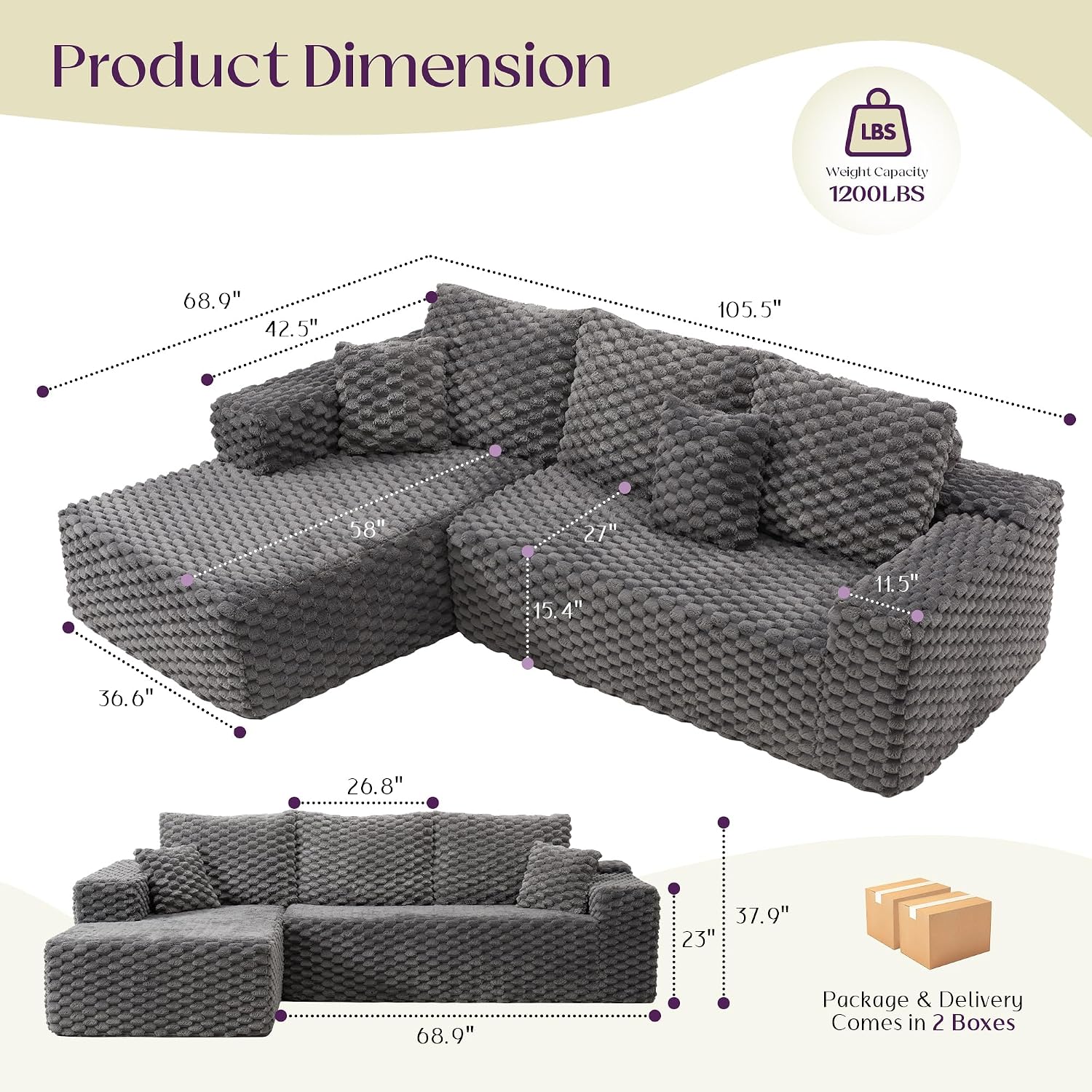 VanAcc 106'' Oversized Modular Sectional Sofa, Deep Seat Cloud Couch with Corduroy Upholstery, L Shaped Boneless Sofas, Easy No-Assembly Lounge Couches for Living Room, Grey