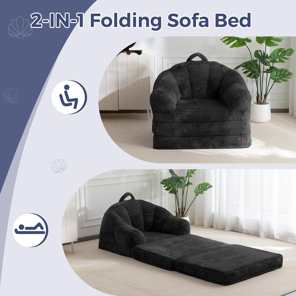 MAXYOYO Folding Sofa Bed, 2 in 1 Convertible Sofa to Lounger Comfy Single Bean Bag Chair for Adults, Floor Sleeper Couch with Handle, Faux Fur Couch Bed for Living Room Bedroom, Black