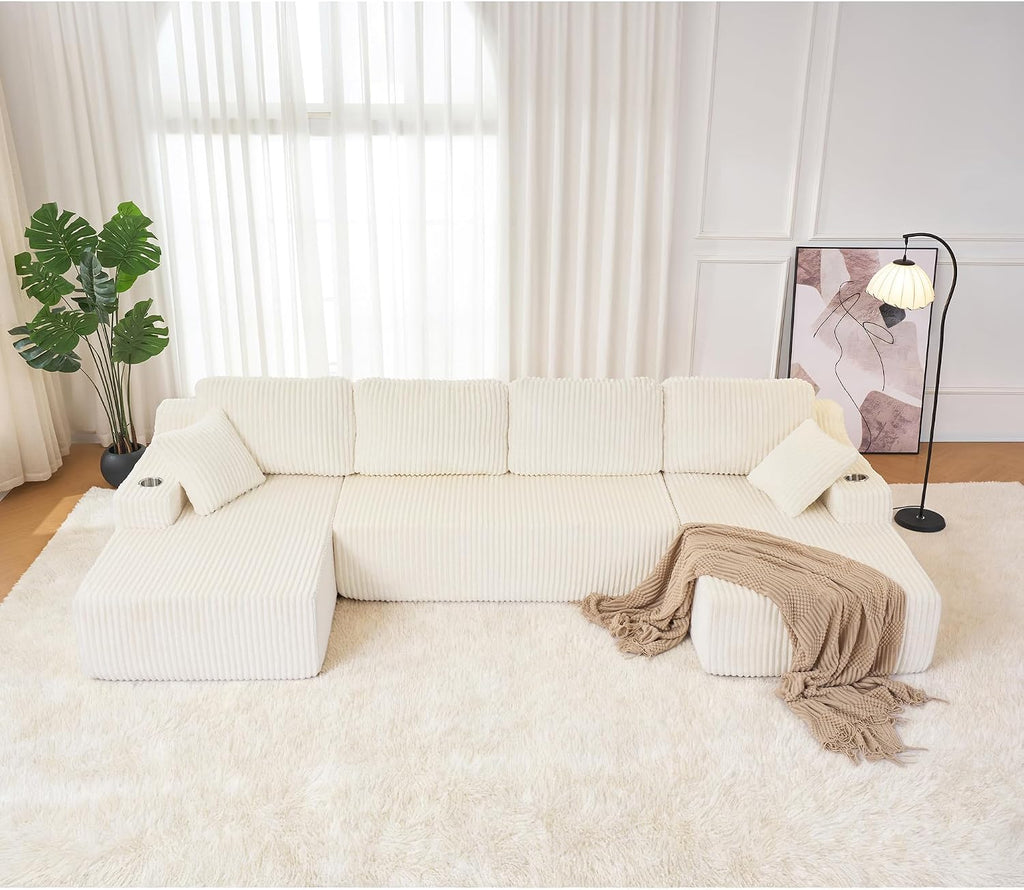 130' Modular Sectional Sleeper Sofa, Modern Cloud Sectional Sofa Couch with Cupholders and Storage, U Shape Boneless Couches for Living Room, Free Combination, No Assembly Required,Beige