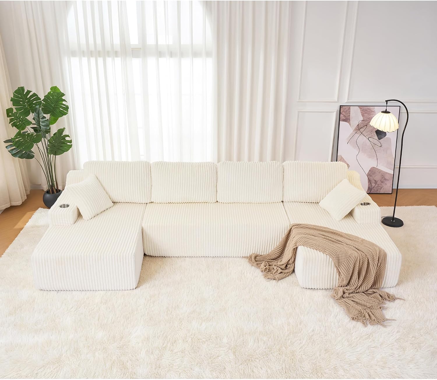 130' Modular Sectional Sleeper Sofa, Modern Cloud Sectional Sofa Couch with Cupholders and Storage, U Shape Boneless Couches for Living Room, Free Combination, No Assembly Required,Beige