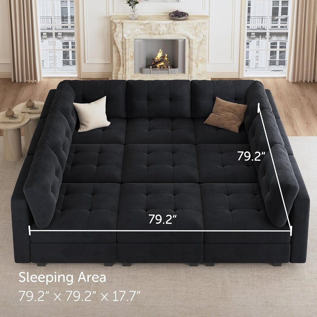HONBAY Sectional Couch with Storage, Modular Sectional Sofa, Velvet Couches for Living Room, Black