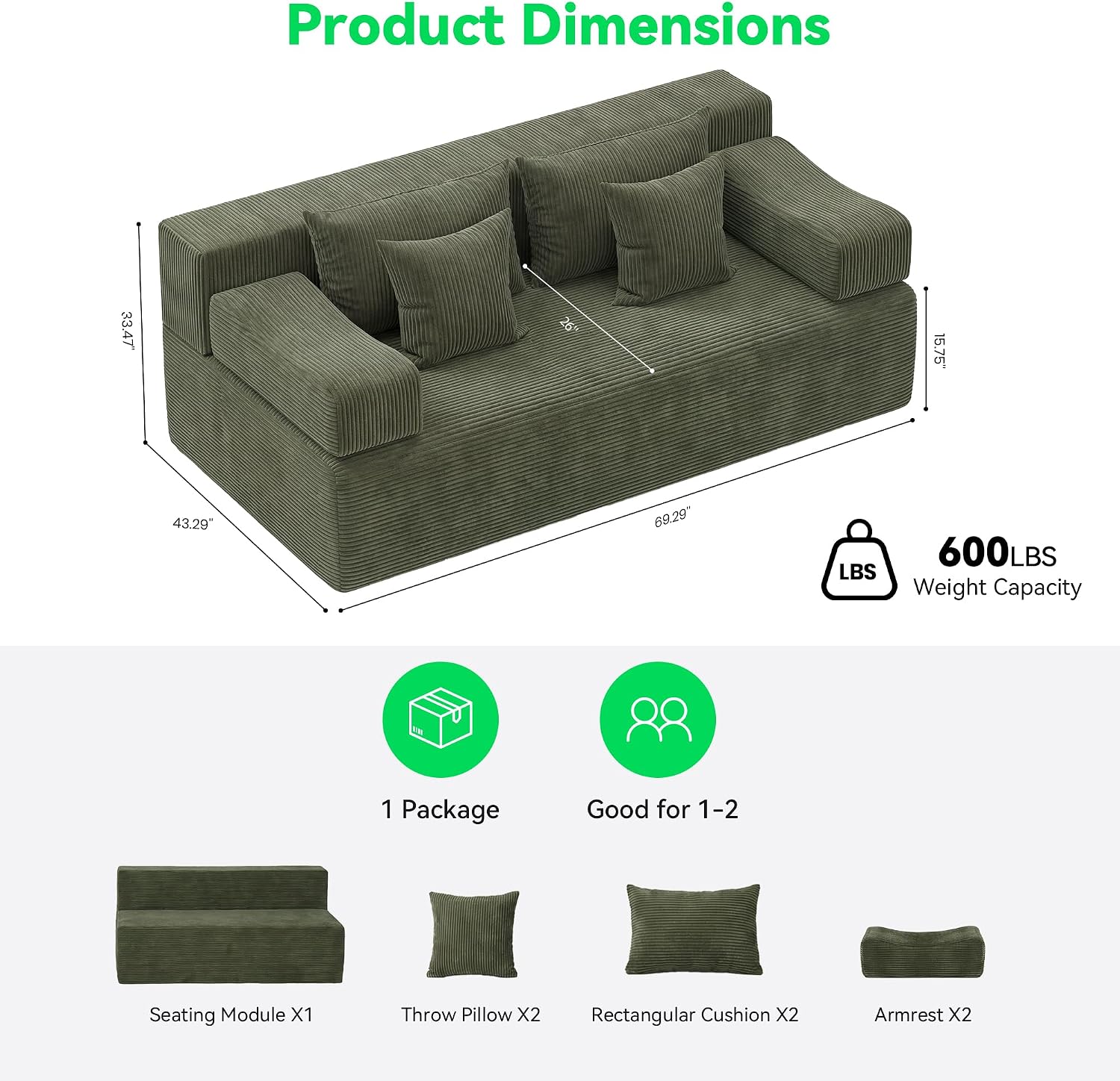MONVANE 70' Loveseat Sofa with Removable Armrests, Comfy Corduroy Cloud Couch with 4 Pillows, Modern Deep Seat Boneless Couch, 2 Seater Sofa for Living Room, No Assembly Required, Green