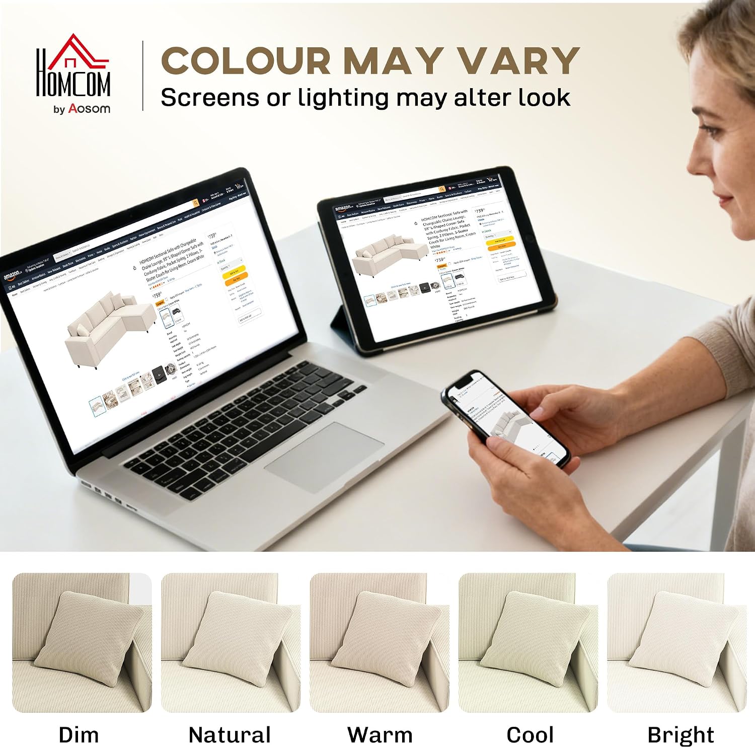 HOMCOM 95' Sectional Sofa with Reversible Chaise Lounge, L-Shaped Corner Sofa with Corduroy Fabric, Pocket Spring, 2 Pillows, Wide Arm, Thick Padded, 3 Seat Couch for Living Room, Cream White