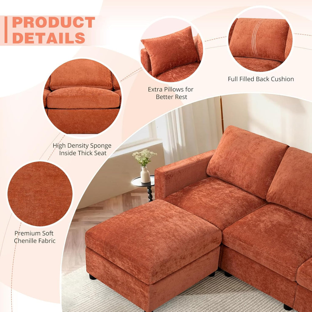 84' Chenille 3 Seater Sofa W/Movable Ottoman, Modern Fabric L-Shaped Couch w/Soft Backrests, Upholstered Sectional Sofa w/Arm Pillows for Living Room, Office, Orange