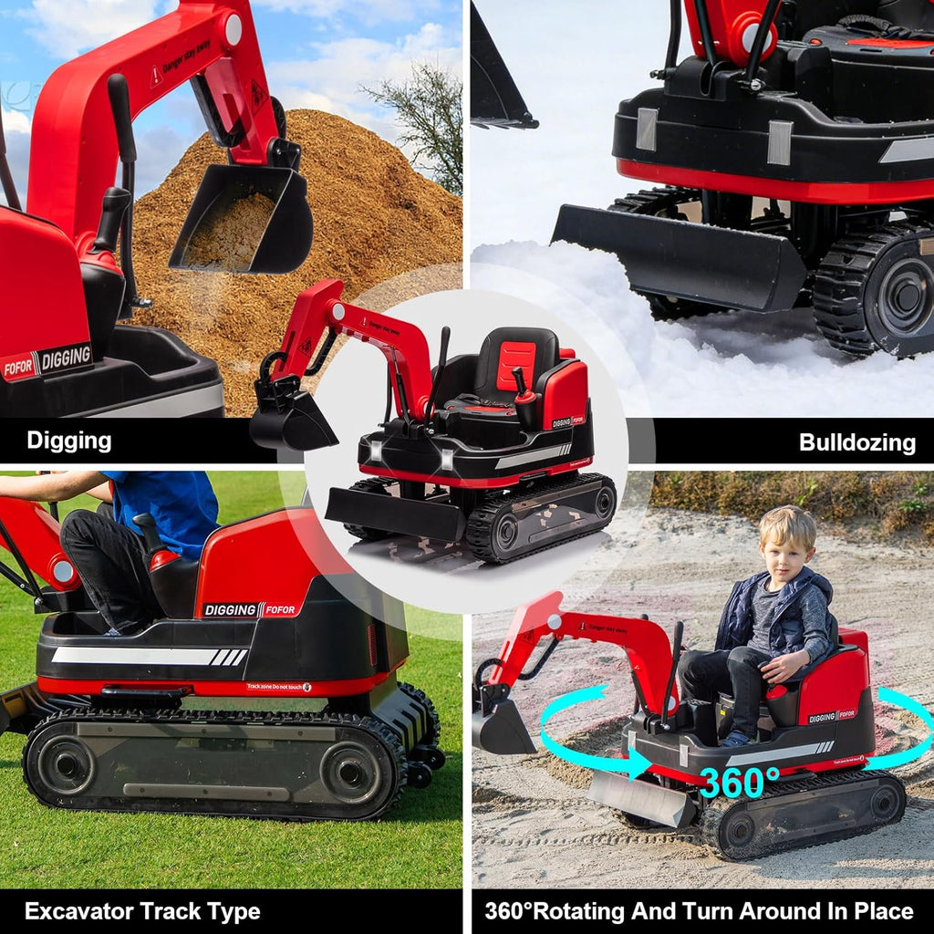 JOYLDIAS 360 Degree Rotating Ride On Excavator and Bulldozer,12V12AH Battery Powered Ride On Toy Backhoe W/Track Design Wheels for All Terrain,Remote Control,MP3,Toolbox for Kids,Parent,Red