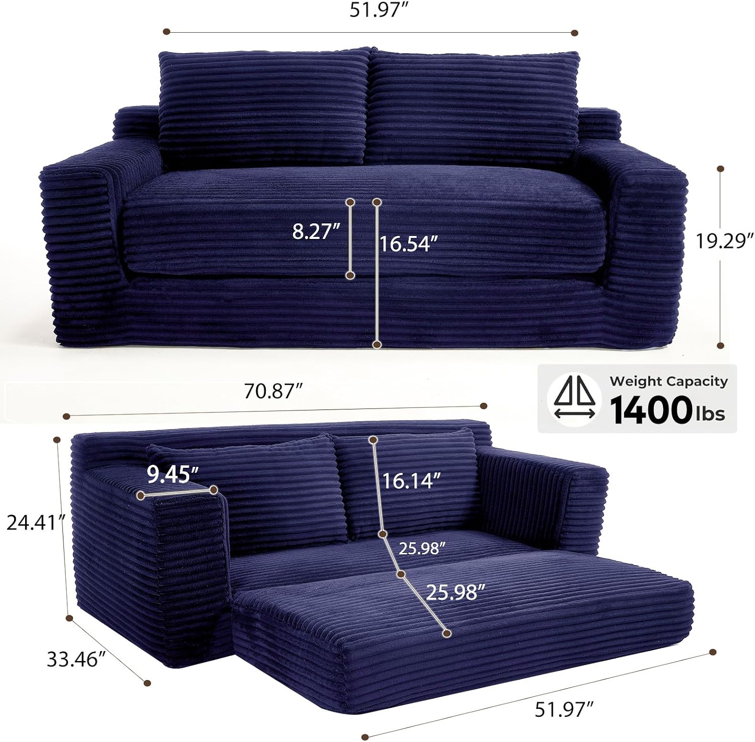 GNIXUU Corduroy Cloud Loveseat Sofa, 2 in 1 Convertible Sleeper Sofa with Fixed-Shape Frame, Comfy Folding Boneless Love Seat Couches for Living Room, Apartment, Small Spaces Blue