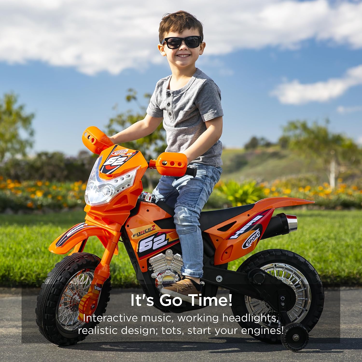 Best Choice Products Kids 6V Ride On Motorcycle w/Treaded Tires, Working Headlights, 2mph Top Speed, Training Wheels, Realistic Sounds, Music, Battery Charger - Orange