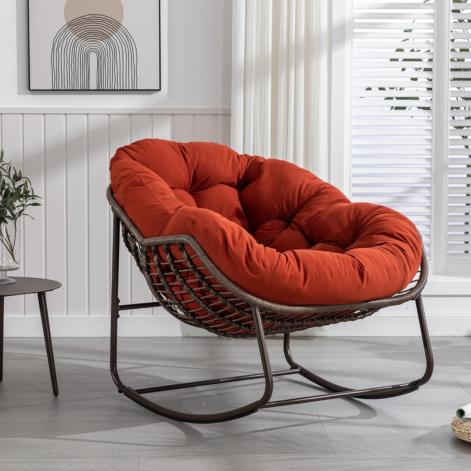Outdoor & Indoor Rocking Chair - Patio Egg & Papasan Chair with Detachable Cushion for Bedroom, Living Room, Garden - Orange
