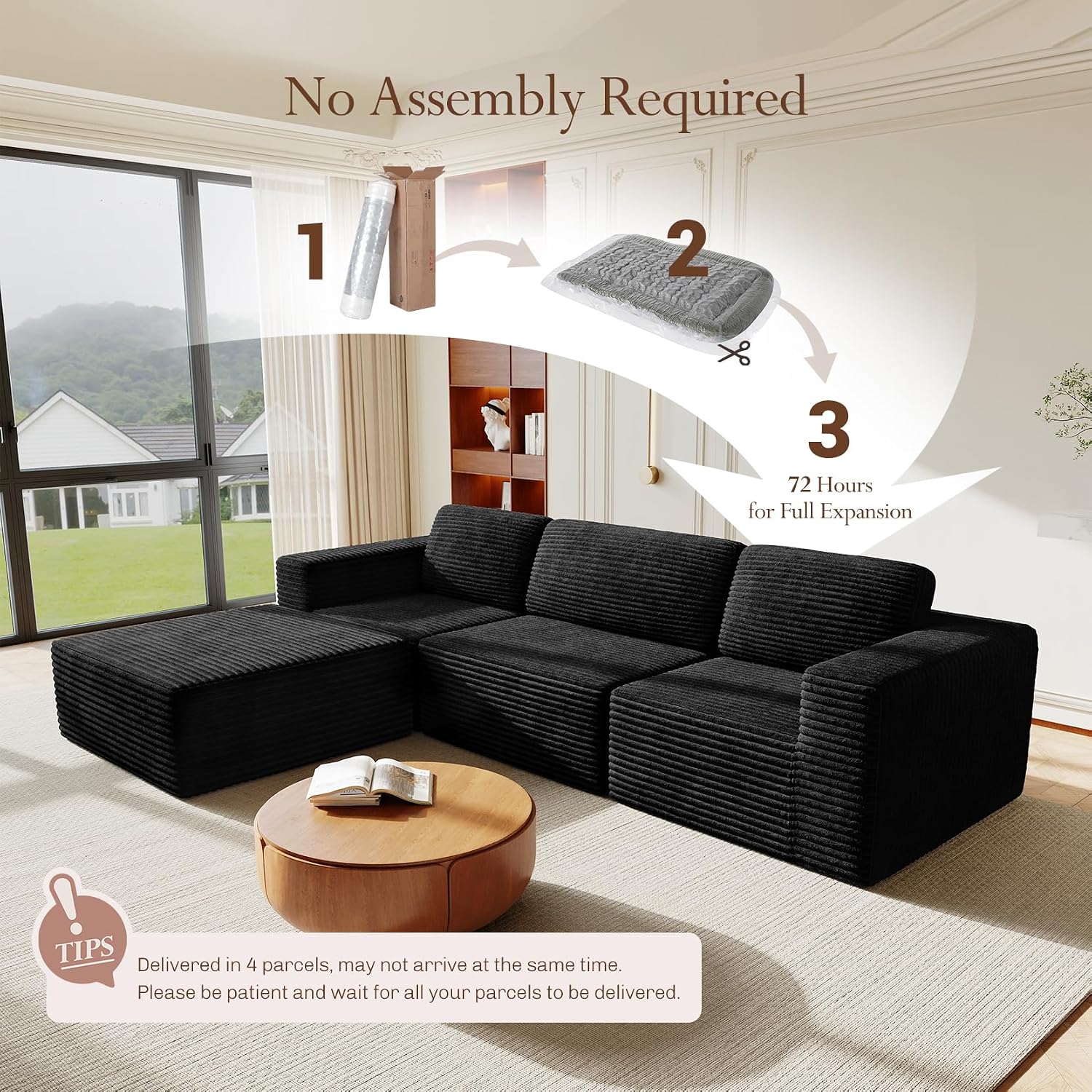Vesgantti 119' L-Shaped Modular Sectional Sofa, Corduroy Cloud Couch with Deep Seating & Spring Support, Flexible Layout Sofa with Ottoman, Boneless Style, No Assembly Required, Black