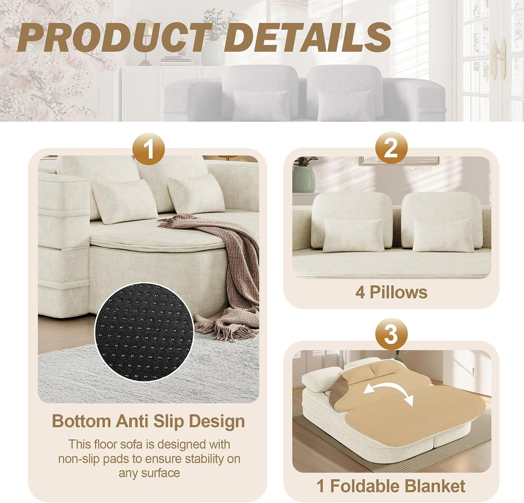 75'' Folding Sleeper Sofa Bed, Convertible Memory Foam Boneless Couch, Foldable Full Size Guest Bed, Modern 2-in-1 Futon Floor Sleeper Sofa with 4 Pillows and Blanket (Chenille, Beige1)