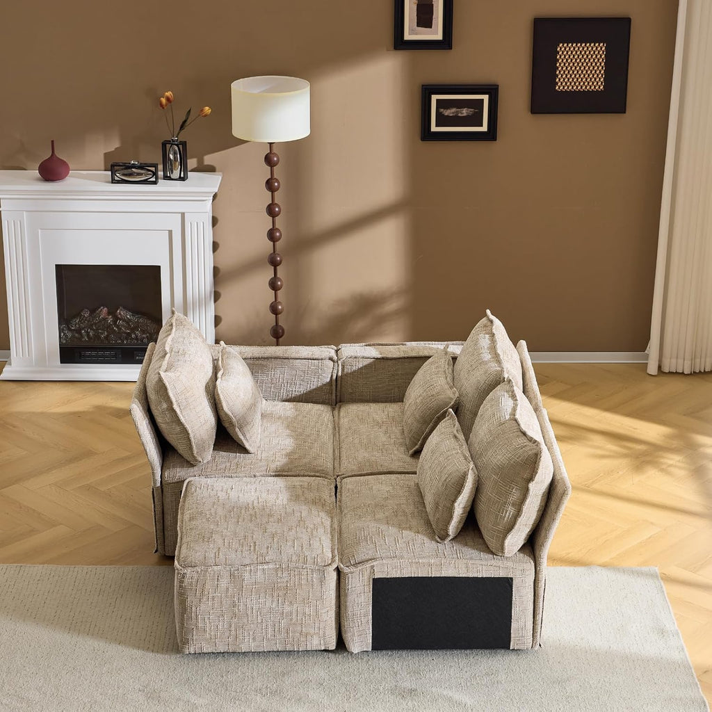 VINGLI 111' Convertible Modular Sectional Sofa,Comfortable L Shaped Reversible Couch with Ottoman, Removable 3 Seater Boneless Modern Couch, Durable Chenille Cloud Sofa for Living Room,Khaki