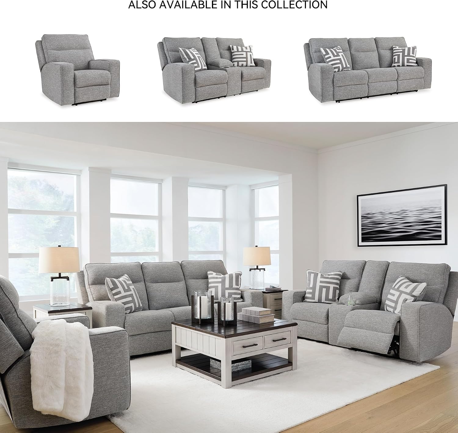 Signature Design by Ashley Biscoe Casual UV Resistant Power Reclining Loveseat with Console, Adjustable Headrest and USB Ports, Light Gray