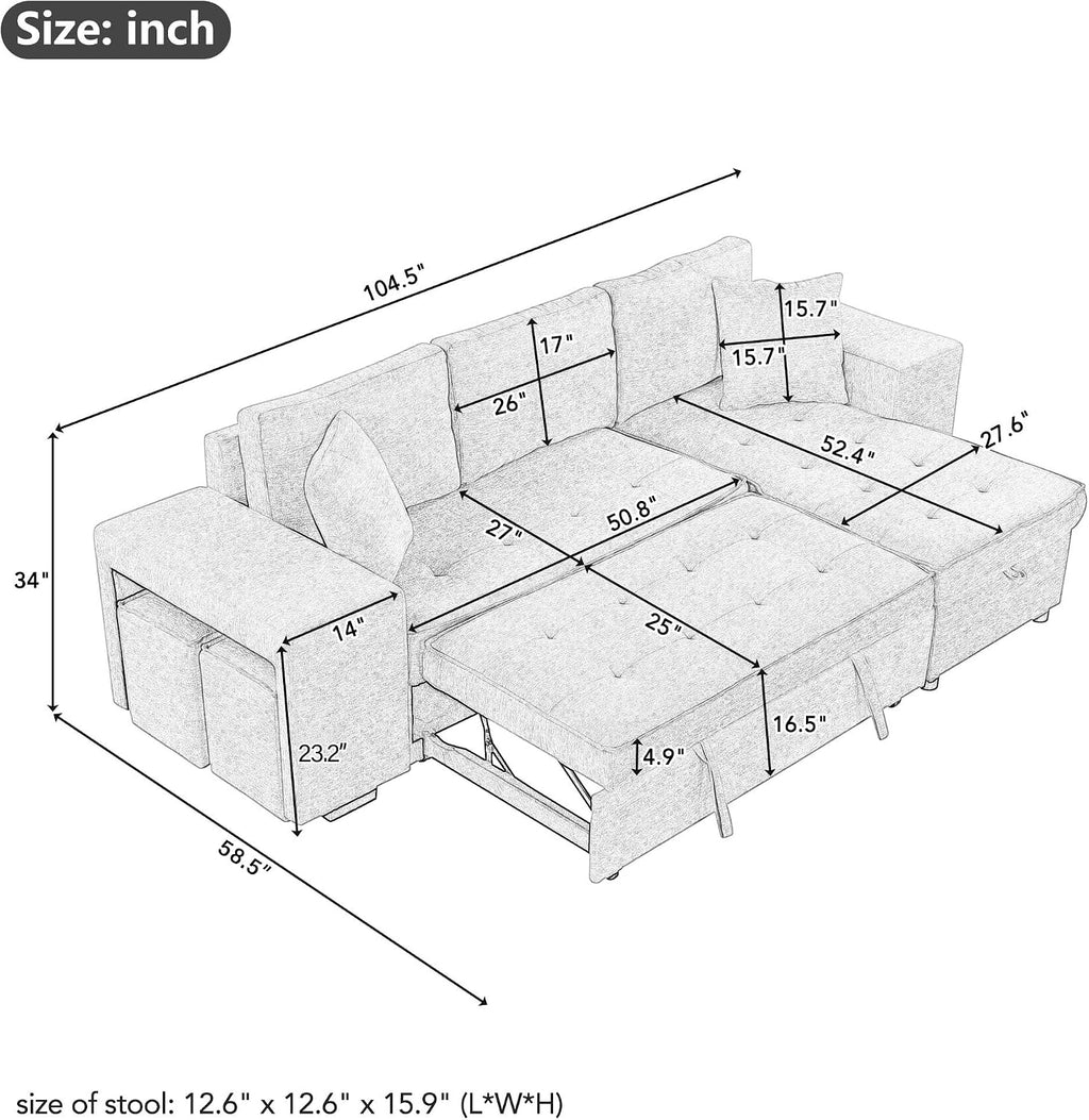 104.5 inch Reversible Sleeper Sectional Sofa with Pull Out Bed , Convertible L Shaped Sectional Couch with Storage Chaise and 2 Stools , Tufted Upholstered Pullout Sofa Bed for Living Room Apartment