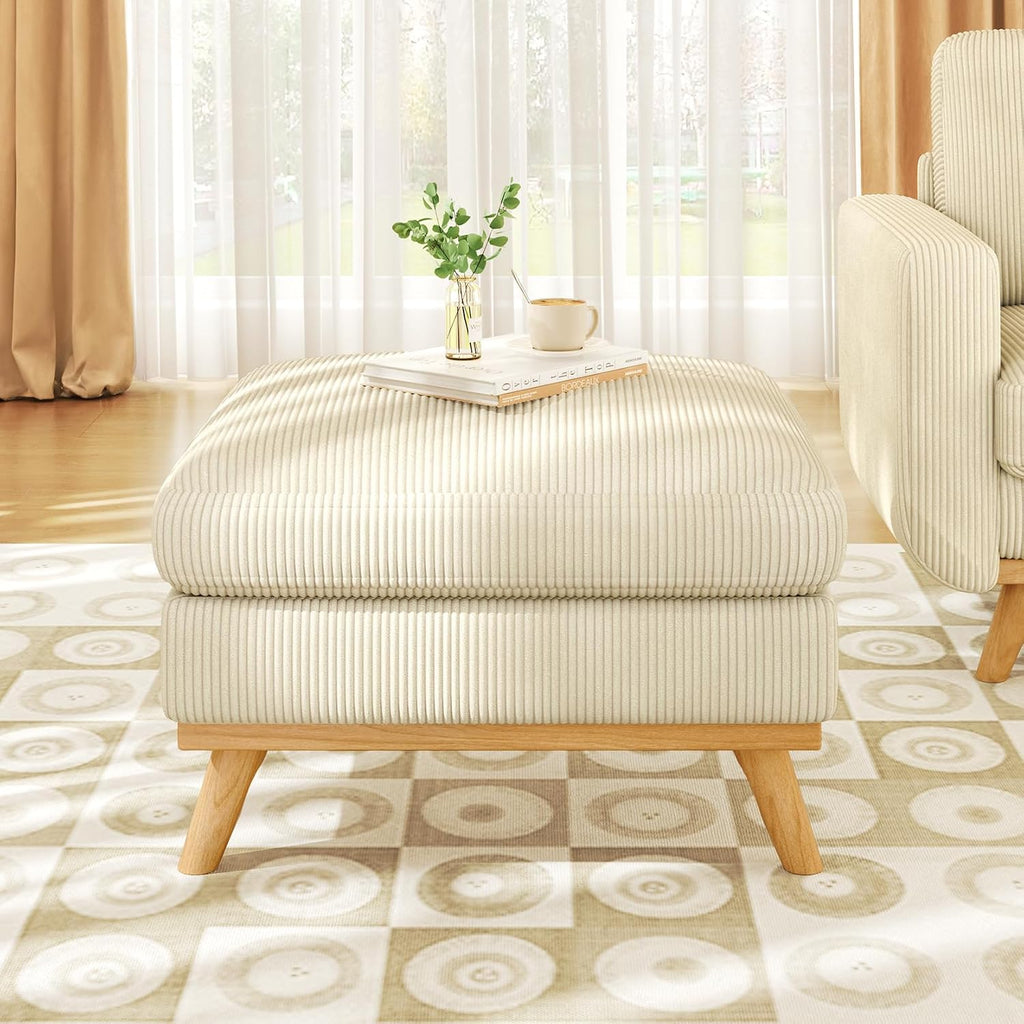Vesgantti Large Ottoman for Modular Sofa, 29.5' Corduroy Pouf Ottoman with Spring Cushion, Rectangle Foot Rest for Couch, Entrance Footstool with Wood Legs, Footstool for Living Room, Bedroom, Beige