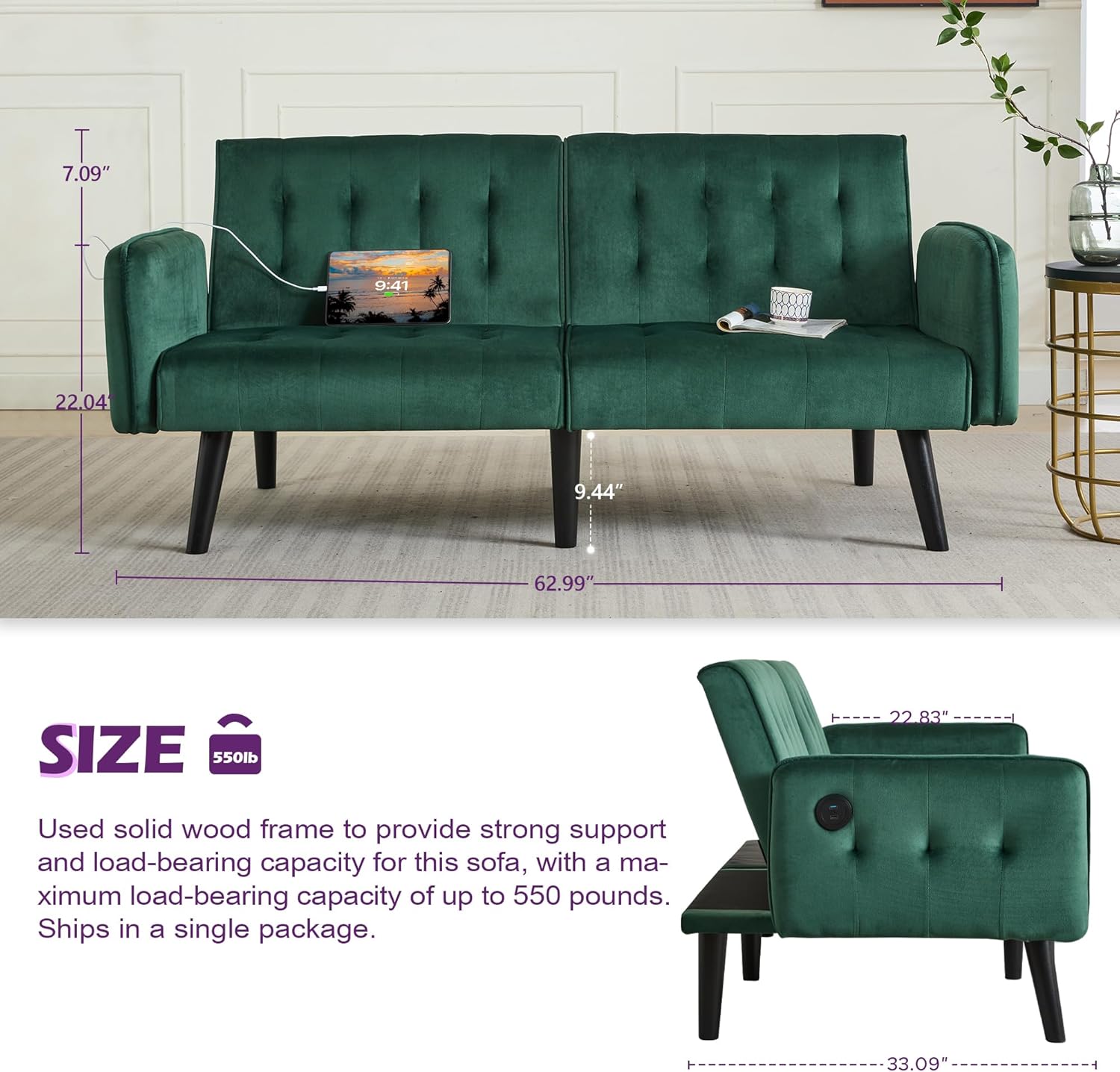 TYBOATLE 65' W Velvet Modern Convertible Folding Futon Couch Sofa Bed w/ 2 USB Charging Ports and arms, Loveseat for Living Room, Office, Apartment, Bedroom (Green)