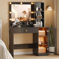 Vanity Desk with Mirror and Lights, Small Makeup Vanity Table with RGB Storage Cabinet & Power Strips & Shelves, 3 Lighting Modes & Adjustable Brightness, Dressing Table for Women Girls Bedroom, Black