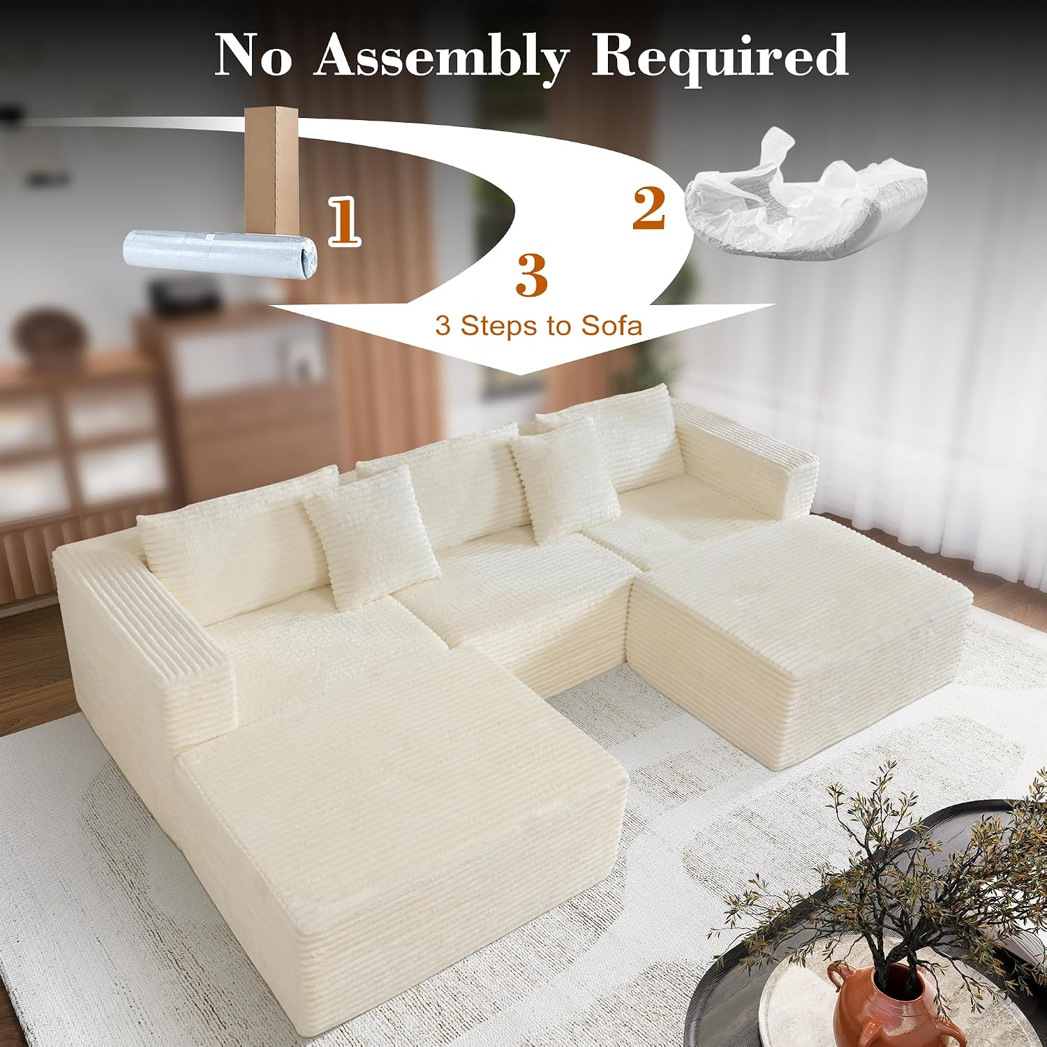 110 Corduroy Boneless Couch for Living Room with 2 Ottomans, Convertible Modular Cloud Sofa with Deep Seats, Ergonomic Memory Foam U Shaped Sectional Couch, No Assembly Required (Beige)