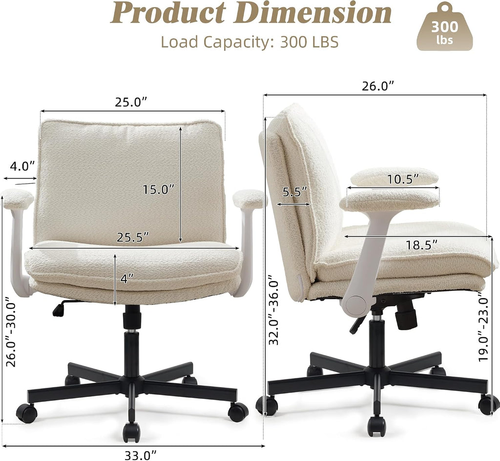 Kassipo Criss Cross Legged Office Chair with Wheels and Flip-Up Arms, Upholstered Criss Cross Desk Chair, Wide Seat Chairs for Home Office, Vanity, Apartment, Beige