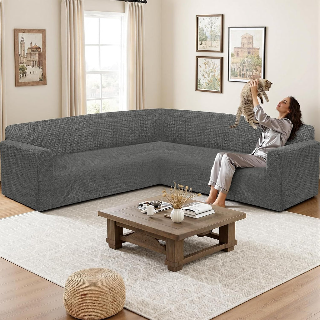 HDCAXKJ Sectional Couch Cover L Shape Stretch Sofa Covers Washable Jacquard Corner Couch Slipcover Non Slip Sectional Slip Cover U Shaped Furniture Protector for Pets Dogs (Dark Grey, Small)