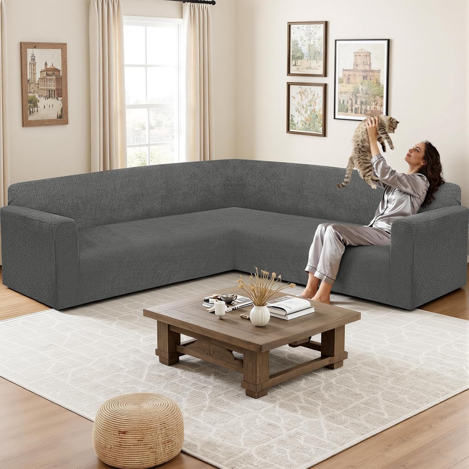 HDCAXKJ Sectional Couch Cover L Shape Stretch Sofa Covers Washable Jacquard Corner Couch Slipcover Non Slip Sectional Slip Cover U Shaped Furniture Protector for Pets Dogs (Dark Grey, Small)