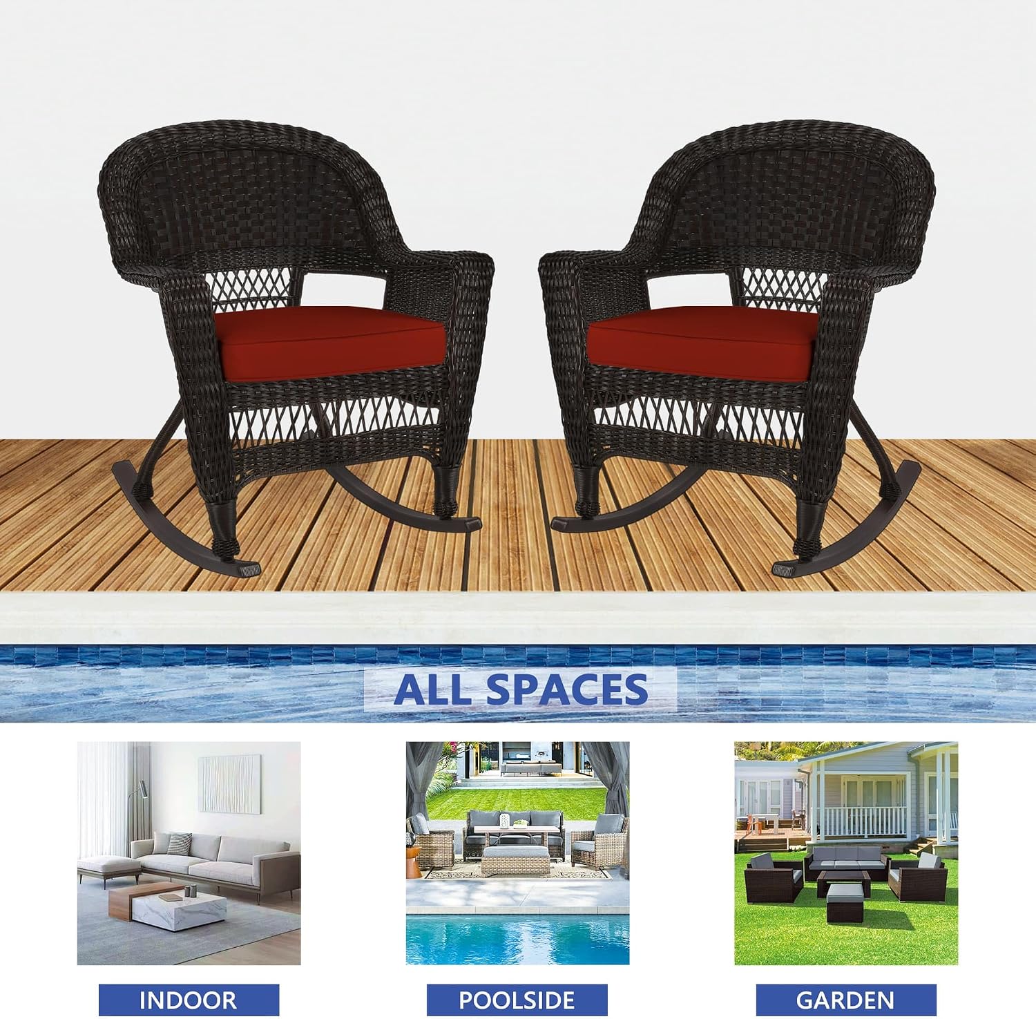 Jeco Rocker Wicker Chair with Red Cushion, Set of 2, Espresso