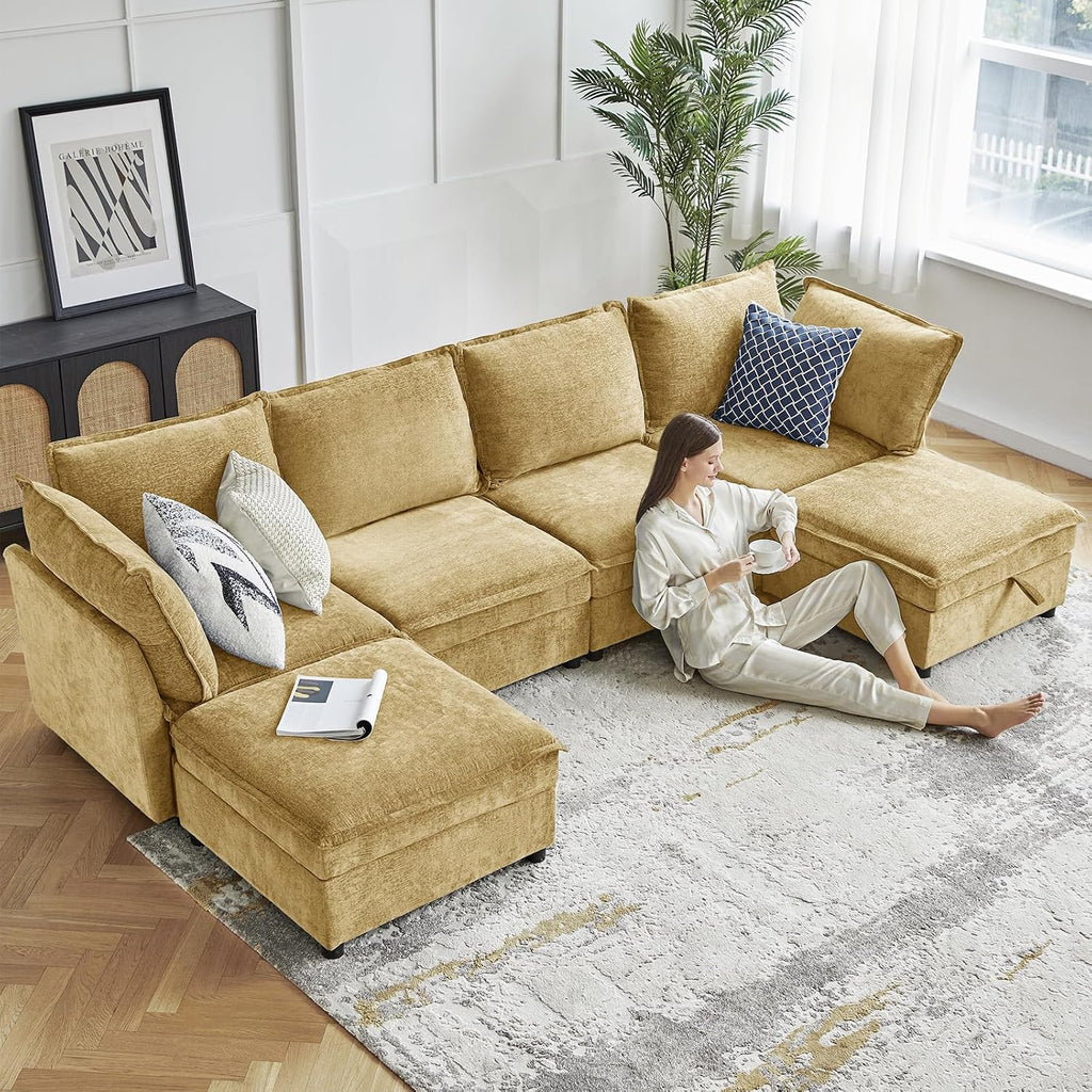 HULALA HOME 127'' Modular Sectional Sofa, Oversized U Shaped Couch with Storage Ottoman, Comfy Chenille Sofa with Deep Seat, 6 Seat Convertible Couches for Living Room, Cream