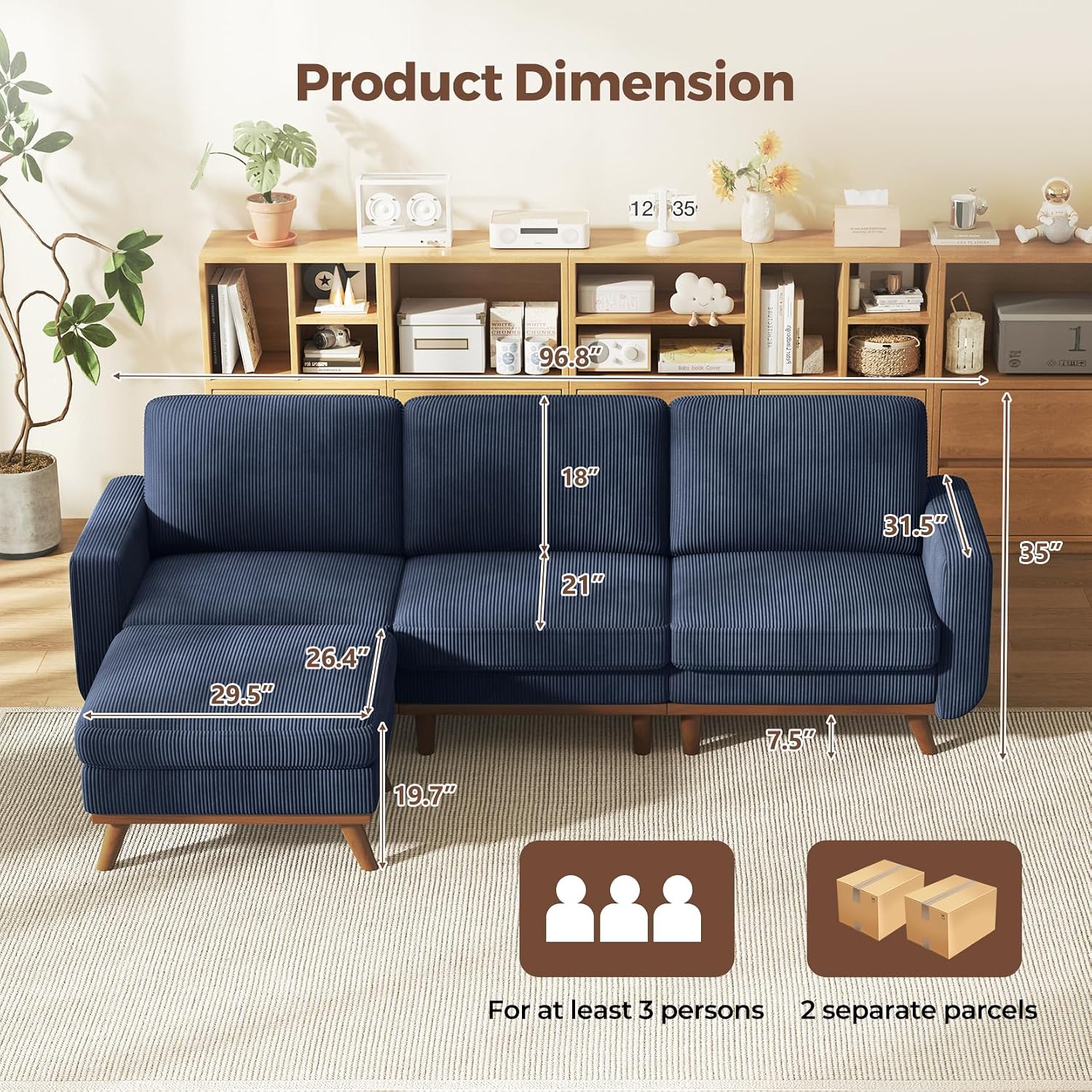 Vesgantti 97' Modular Sectional Sofa Dark Blue, L-Shaped Couch with Movable Ottoman, Comfy Corduroy Couch with Spring Cushion, Modular Sofa with Deep Seat for Living Room, Bedroom and Apartment