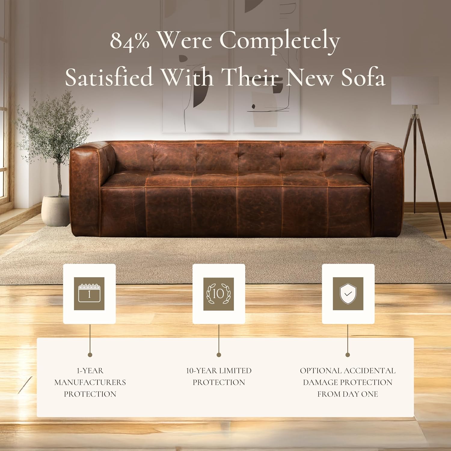 POLY & BARK Capa 96.5' Sofa – Chocolate Brown Full-Grain Pure-Aniline Italian Leather, Boxy Modern Design, Feather-Fiber Cushions, Solid Wood Frame