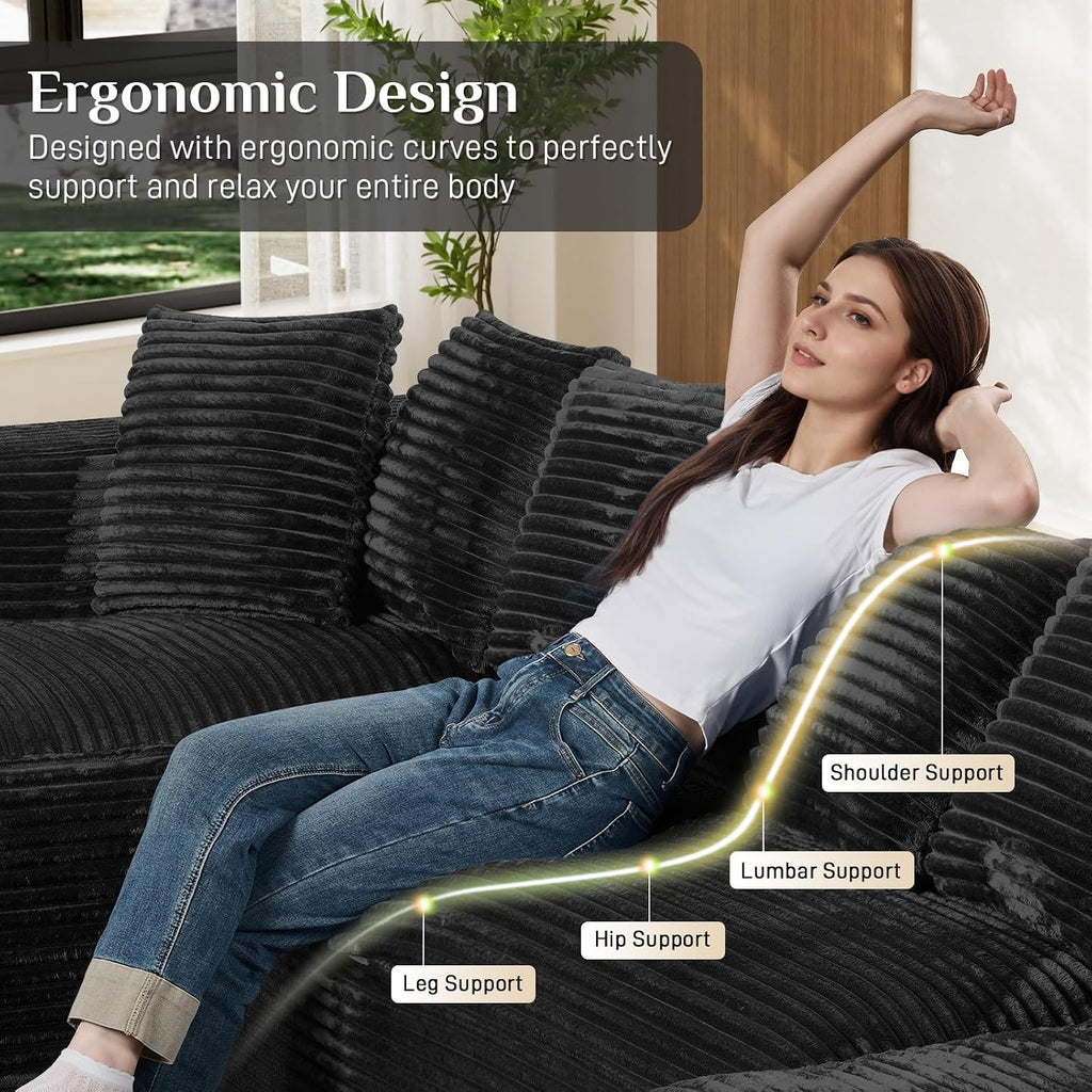 131' Oversized U Shaped Cloud Sectional Couches for Living Room, Comfy Fluffy Corduroy Black Boneless Sectionals Couch, Plush Memory Foam Modular Sectional Sofa with Chaise- 19' Seat Height