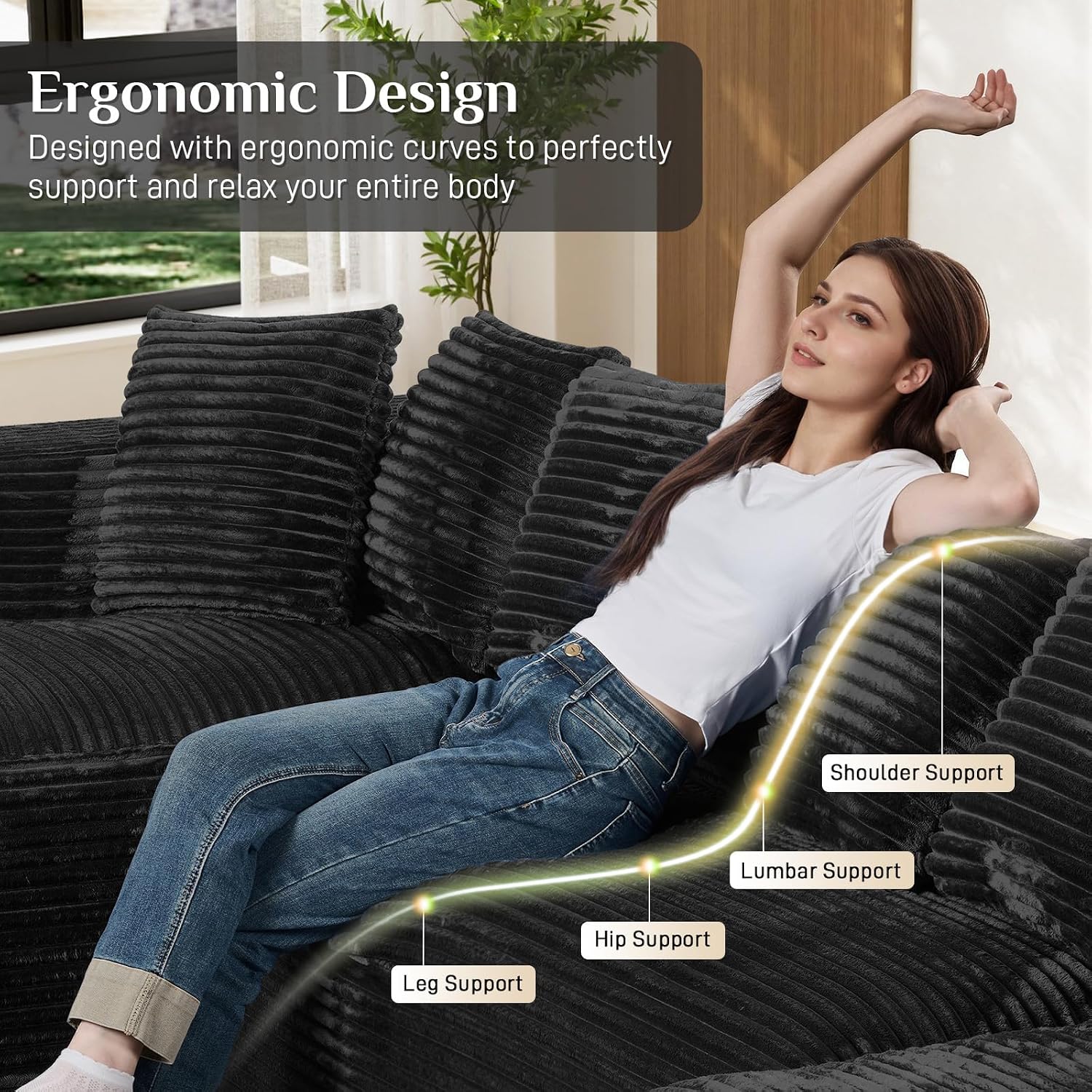 131' Oversized U Shaped Cloud Sectional Couches for Living Room, Comfy Fluffy Corduroy Black Boneless Sectionals Couch, Plush Memory Foam Modular Sectional Sofa with Chaise- 19' Seat Height