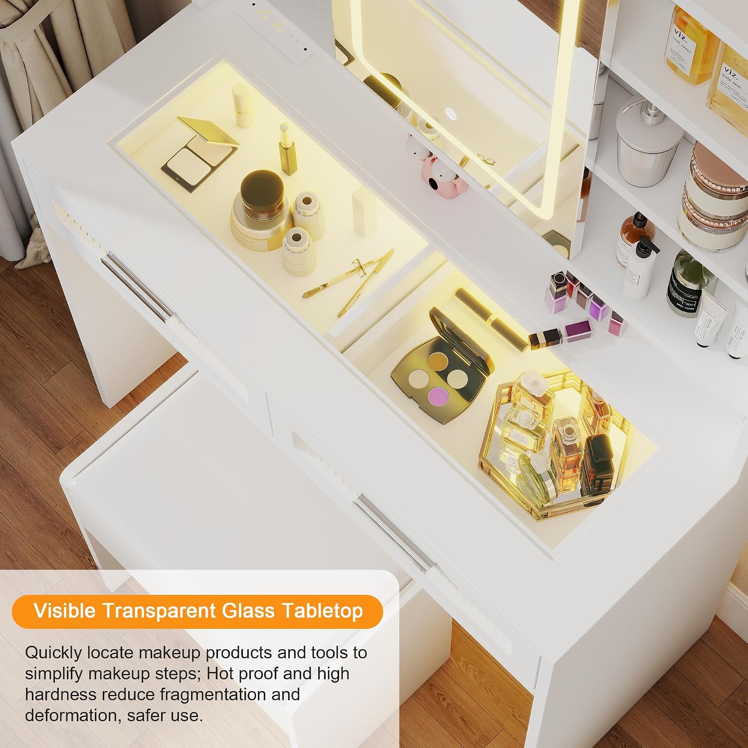 Hadulcet 35.5' Small Vanity Desk with Mirror and Lights, White LED Makeup Vanity Desk with 2 Acrylic Drawers, 6 Storage Shelves and Power Outlets for Girls Women Dressing Room