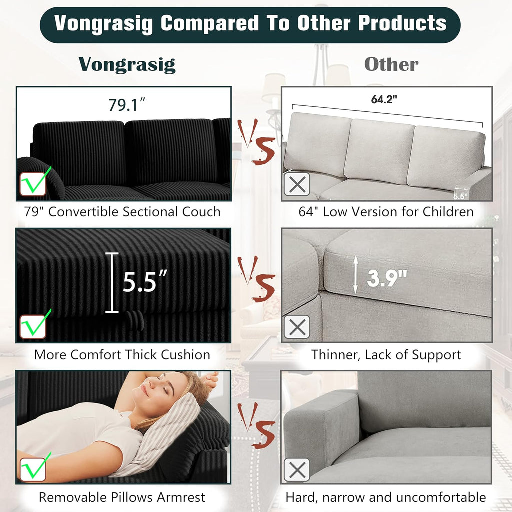 Vongrasig 79' Convertible Sectional Couch Sofa with Storage Ottoman, 3 Seat L Shaped Couch with Side Storage Pockage, Small Couches for Living Room, Apartment and Small Space, Black