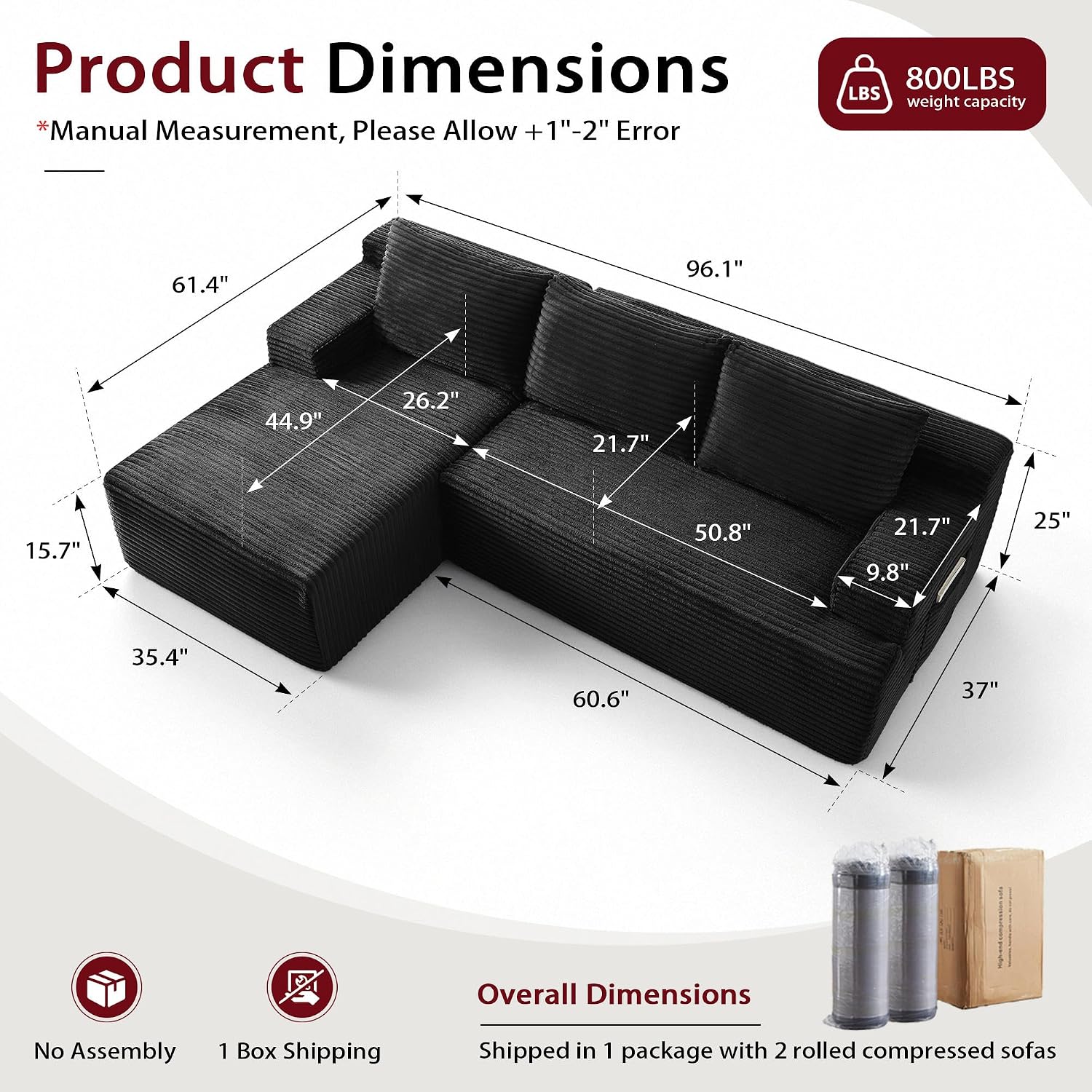 96''Sectional Couches for Living Room,Modern Modular Sectional Sofa,Upholstered Boneless Couch Comfy Cloud Couch with L Shaped Chaise (Black, 96''W Left Facing Chaise)