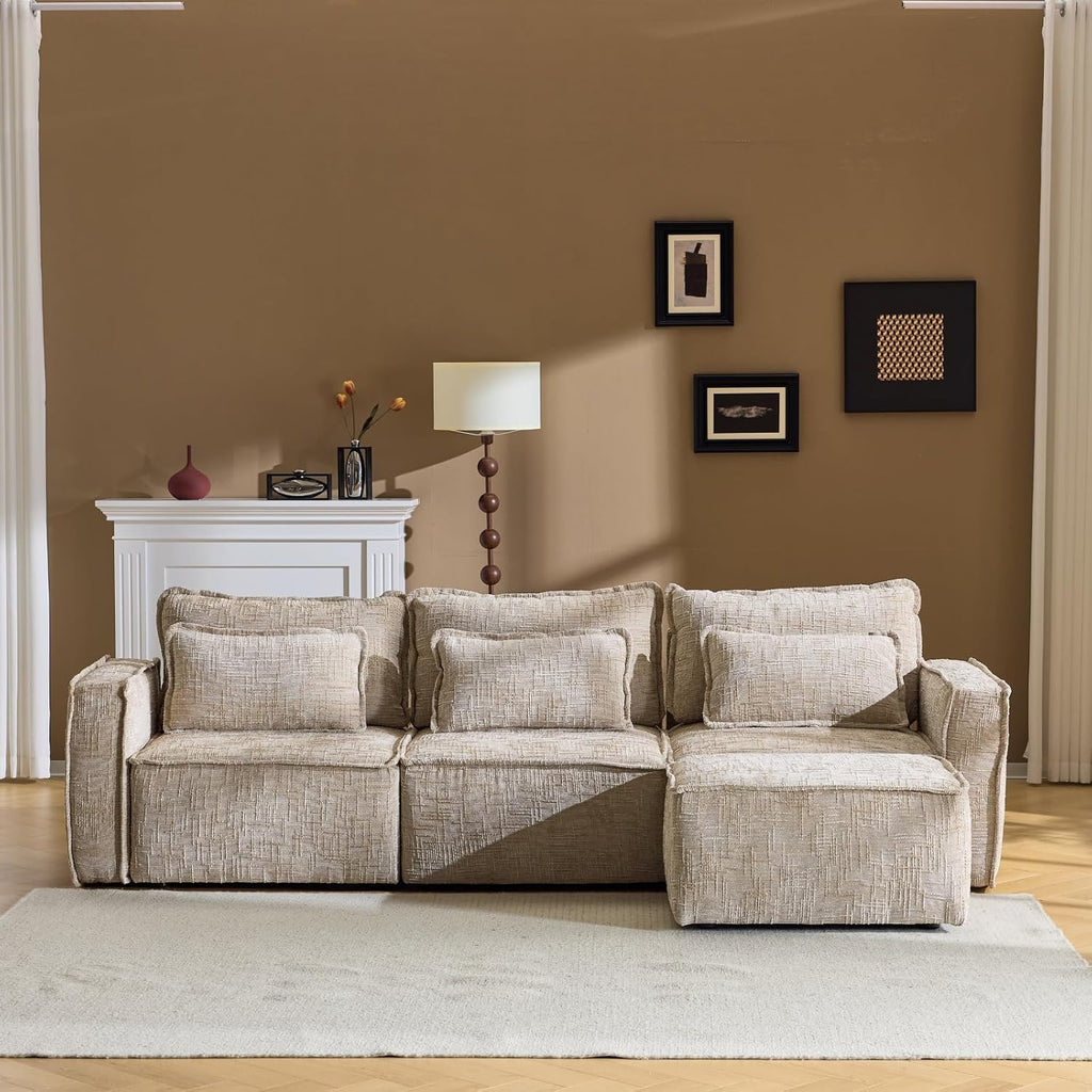 VINGLI 111' Convertible Modular Sectional Sofa,Comfortable L Shaped Reversible Couch with Ottoman, Removable 3 Seater Boneless Modern Couch, Durable Chenille Cloud Sofa for Living Room,Khaki