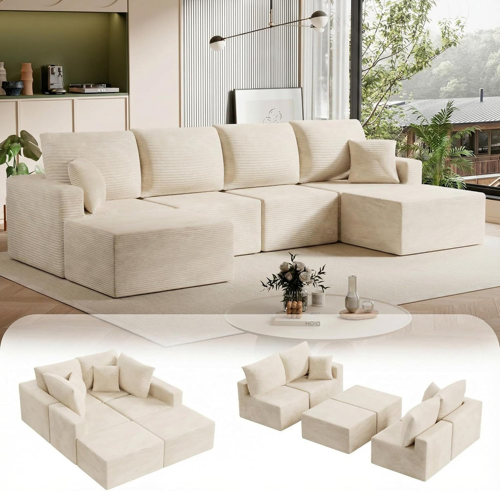 Homall 126' Sectional Couches for Living Room, Modern Fabric Boneless Couch with Deep Seat, Upholstered Cloud Sofa with 2 Ottoman, No Assembly Required (Beige, U Shaped Sofa)