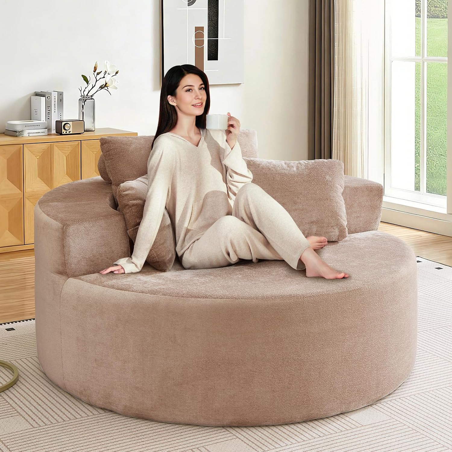 Antetek Oversized Round Chaise Longue Chair Indoor, Modern 55-inch Upholstered Terry Fabric Deep Seat Circle Single Cloud Floor Accent Chair for Living Room,Bedroom,Apartment, Camel