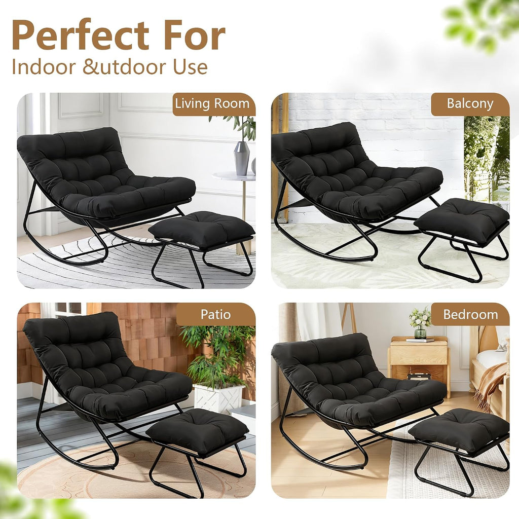 Outdoor Rocking Chair with Ottoman, Comfy Oversized Papasan Chair, Modern Upholstered Egg Gliders, 300 Lbs Wide Recliner Lounge Rocker for Bedroom, Living Room, Patio, Porch, Balcony(Black)