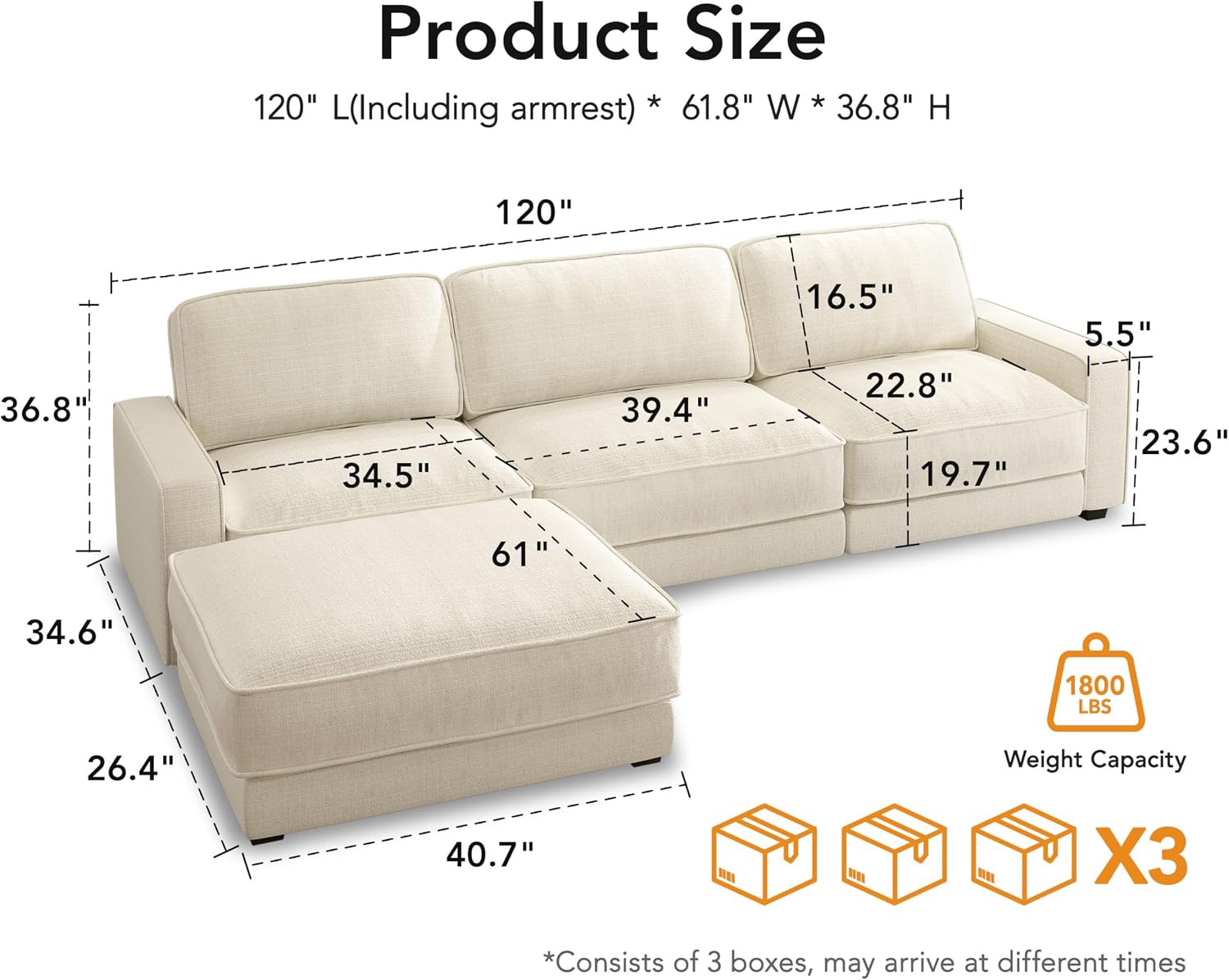 Vipbear 120' Oversized Modular Sectional Sofa, L Shaped Couch Set with 2 Pillows, 4 Seat Comfy Cloud Couches with Movable Ottoman for Living Room, Bedroom and Apartment, Chenille Beige