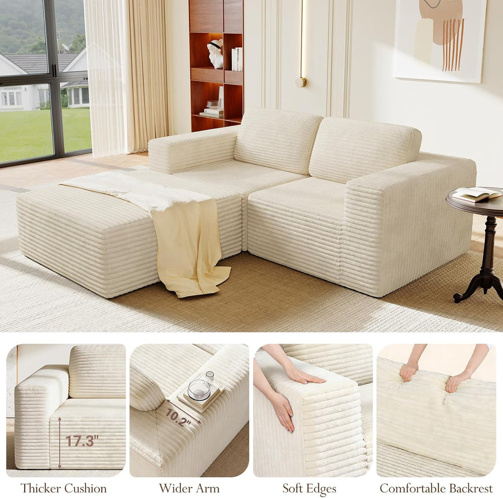 Vesgantti 80' Modular Sectional Sofa, Corduroy Cloud Couch with Deep Seats & Spring Support, Compact 2 Seater Boneless Couch, L-Shaped Modular Sofa for Small Spaces, Apartments, No Assembly, Beige