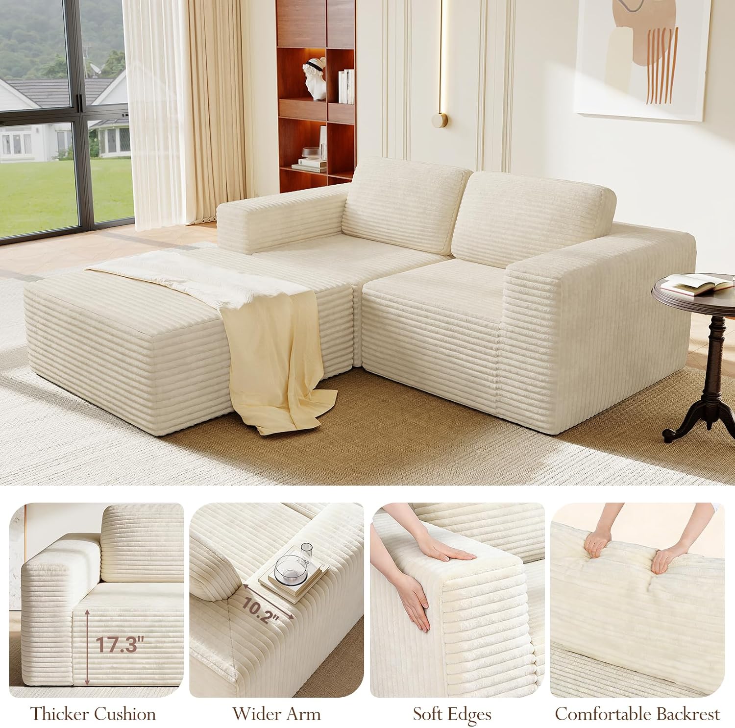 Vesgantti 80' Modular Sectional Sofa, Corduroy Cloud Couch with Deep Seats & Spring Support, Compact 2 Seater Boneless Couch, L-Shaped Modular Sofa for Small Spaces, Apartments, No Assembly, Beige