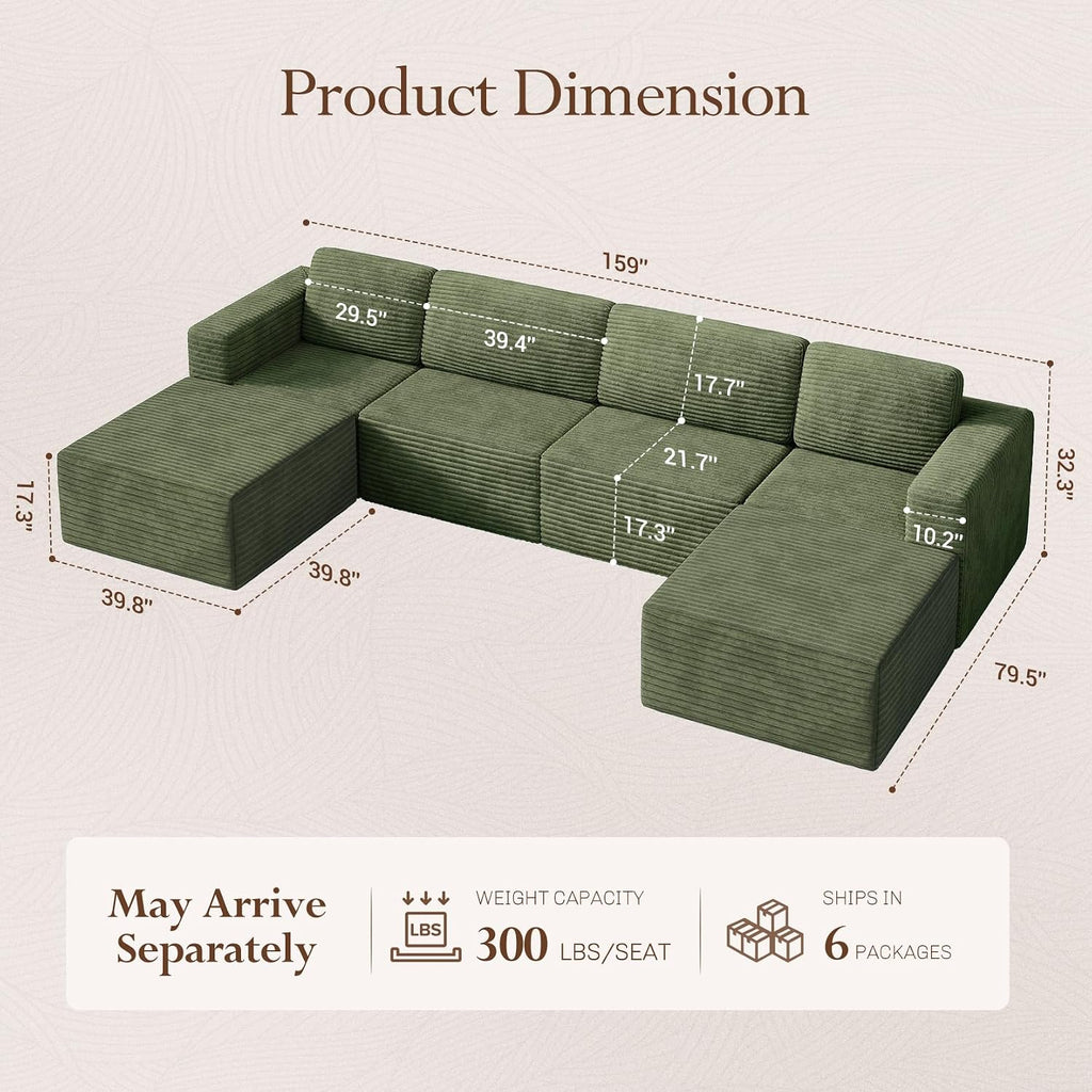 Vesgantti 159' Large Modular Sectional Sofa, U-Shaped Corduroy Cloud Couch with Deep Seats & Spring Support, 4-Seater Boneless Sofa with 2 Movable Ottomans, No Assembly Needed, Green