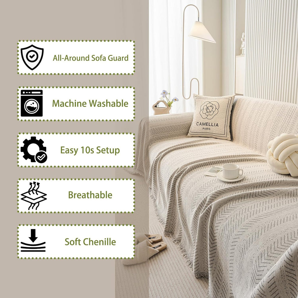 Chenille Sofa Throw Blanket with Herringbone Pattern and Tassel Edges, Thick & Soft Couch Cover, Machine Washable, Anti-Slip, Pet-Friendly, Fits 3/4-Seater (Beige, 71″x165″)