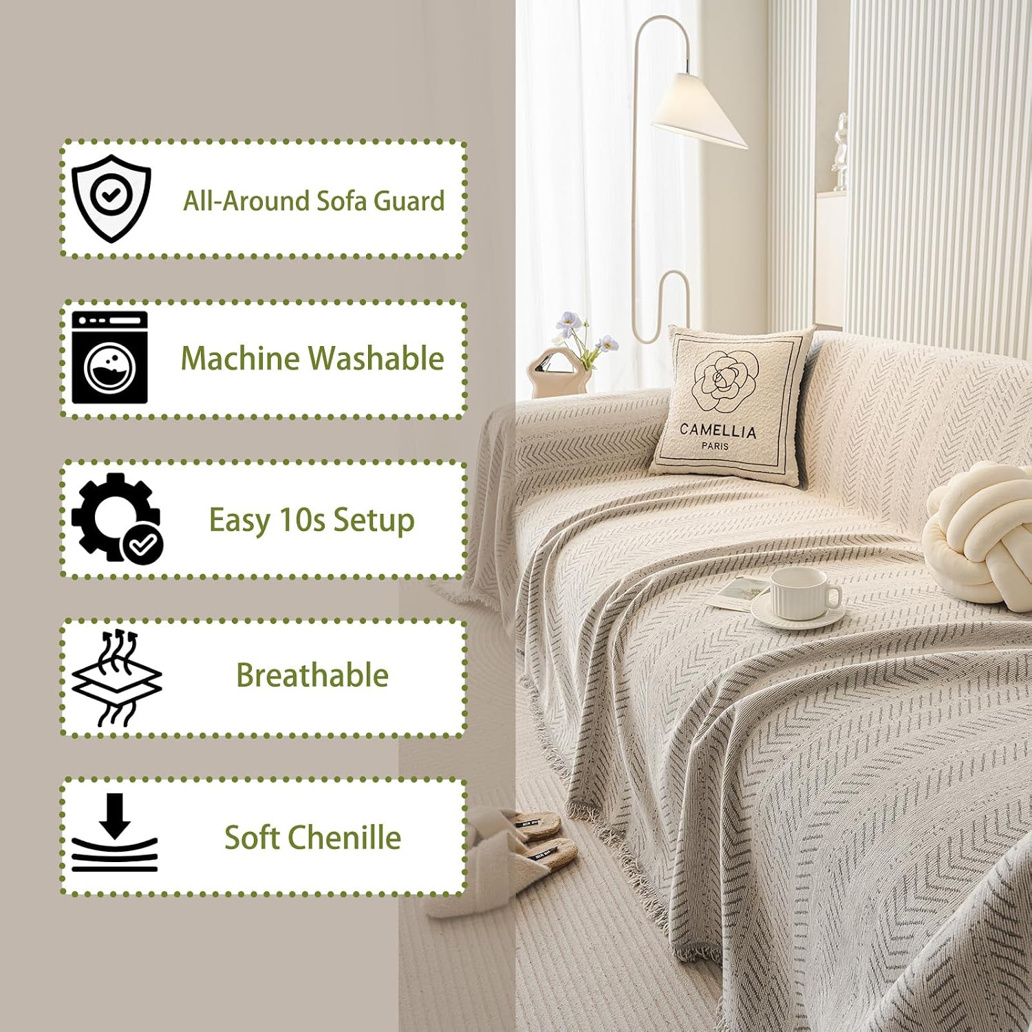 Chenille Sofa Throw Blanket with Herringbone Pattern and Tassel Edges, Thick & Soft Couch Cover, Machine Washable, Anti-Slip, Pet-Friendly, Fits 3/4-Seater (Beige, 71″x165″)