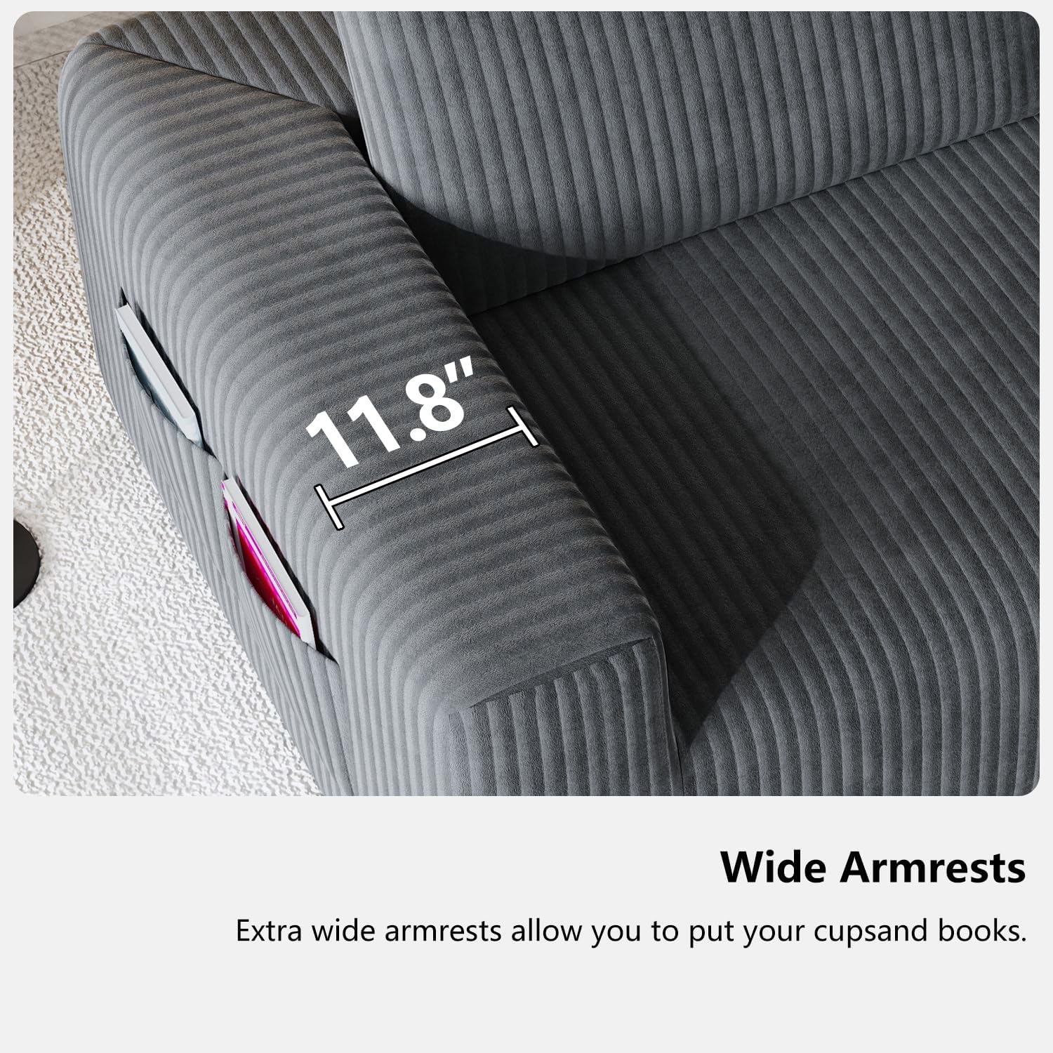 108' Cloud Couch Modular Sectional Sofa for Living Room,L Shaped Boneless Couch with Deep Seat Chaise,No Assembly Required Foam Sleeper Sofa for Apartments,Plush Corduroy Fabric, Dark Gray